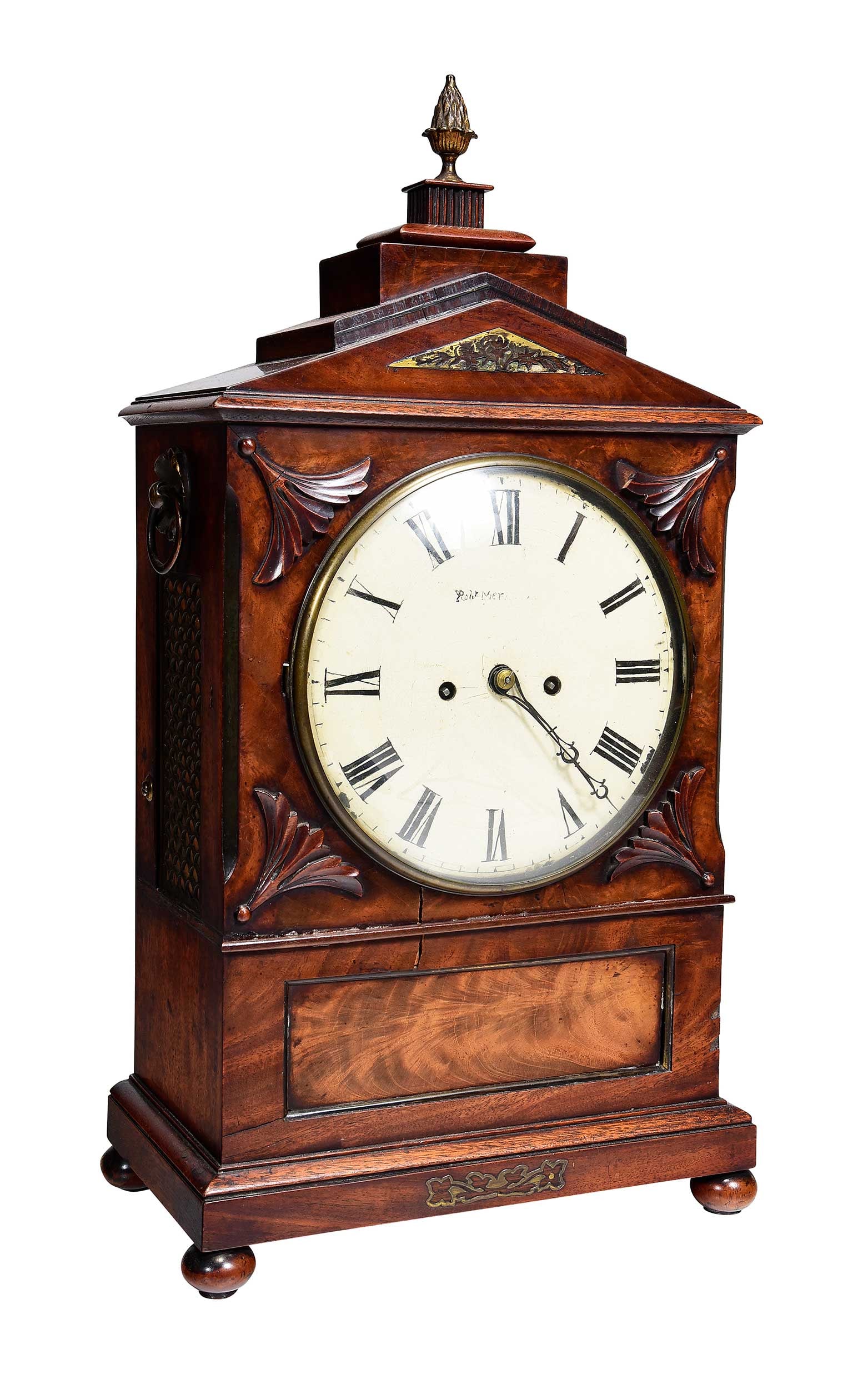 Renaissance Revival Figured and Carved Mahogany Shelf Clock: probably English, 19th century, dial marked "Robert Mer...", with key and pendulum, 23-1/2 x 12-3/8 x 7 in. Provenance: Private Virginia Collection