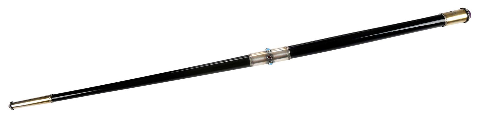 Silver and Jewel Mounted Conductor's Baton Dated 1887: Irish, amethyst and turquoise cabochons, round faceted garnets, silver tests .900 or finer, bottom silver mount inscribed "G.F. Horan from the choir of T.C. Rathmines Xmas 1887.", 20-1/2 x 7/8 x 7/8 i