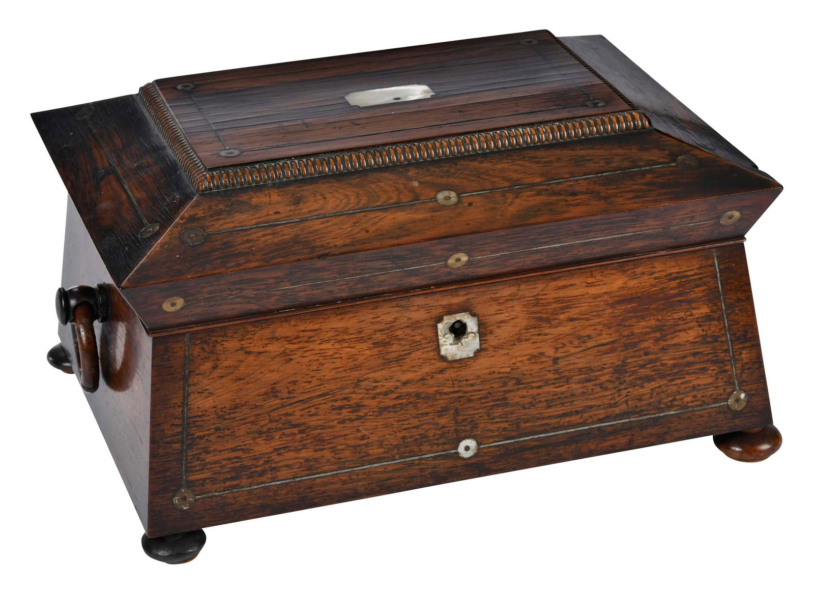 English Arts and Crafts Rosewood Sewing Box with Mother of Pearl Inlay: late 19th/early 20th century, two ring side handles, opening to lined interior full of assorted sewing thread and utensils, 6-3/4 x 12-1/4 x 9-1/4 in. Provenance: Private Virginia Collection