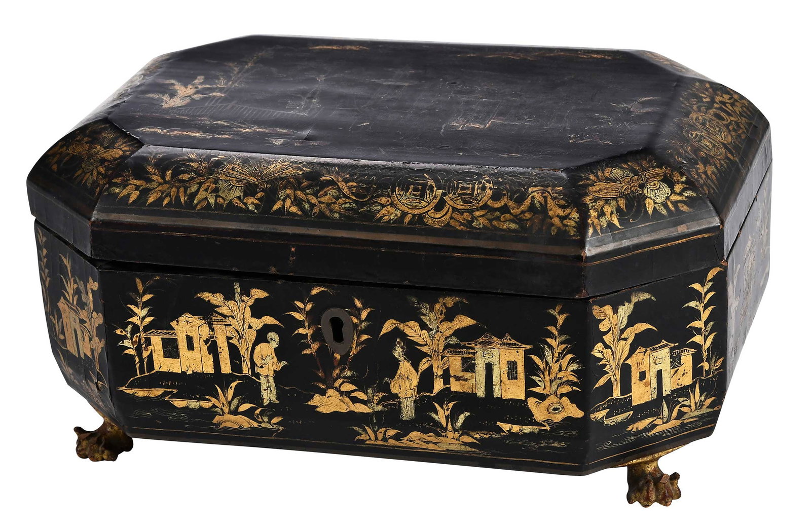 Chinese Export Black Lacquer and Gilt Footed Sewing Box with Accoutrements: 19th century, carved and gilt wood paw feet; hinged lid opens to removable compartmentalized tray, with multiple carved bone sewing accessories, 11 x 5-1/4 x 8 in. Provenance: Private Florida