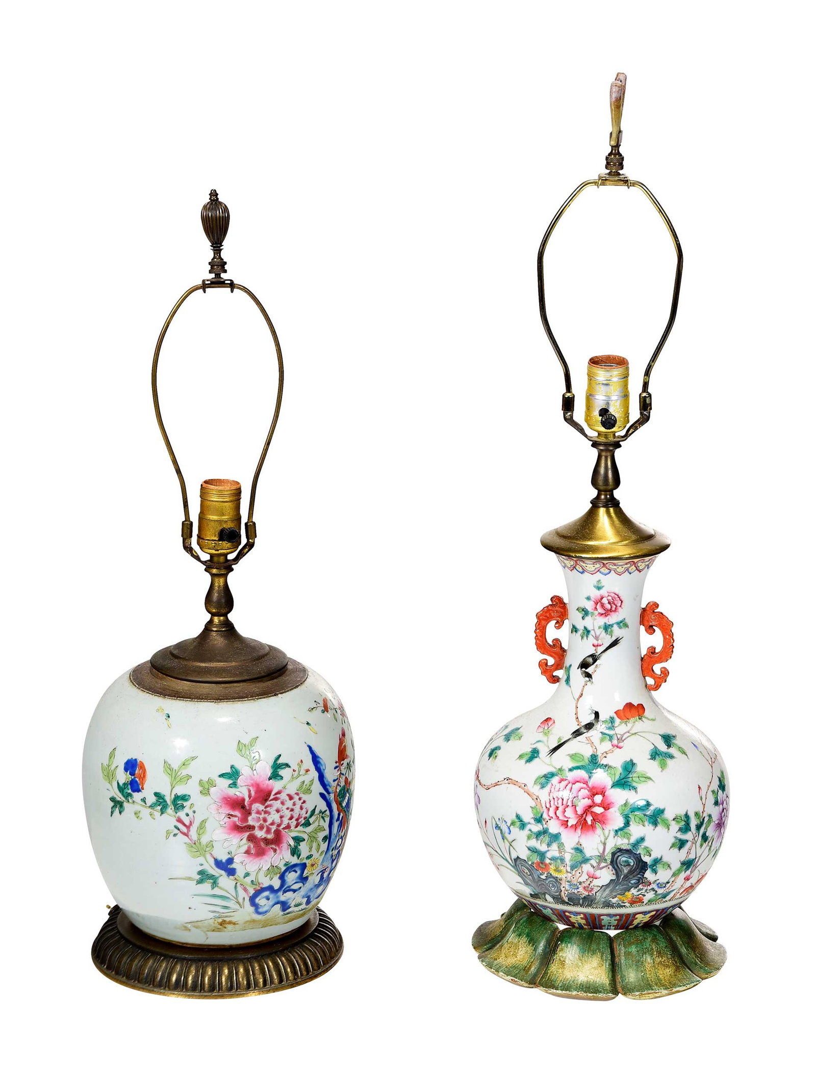 Two Chinese Famille Rose Porcelain Vases Mounted as Lamps: 19th century, each with brass hardware, larger 28 x 8-1/4 x 8-1/4 in. to finial, each wired for electricity Provenance: Property of a South Carolina Collector