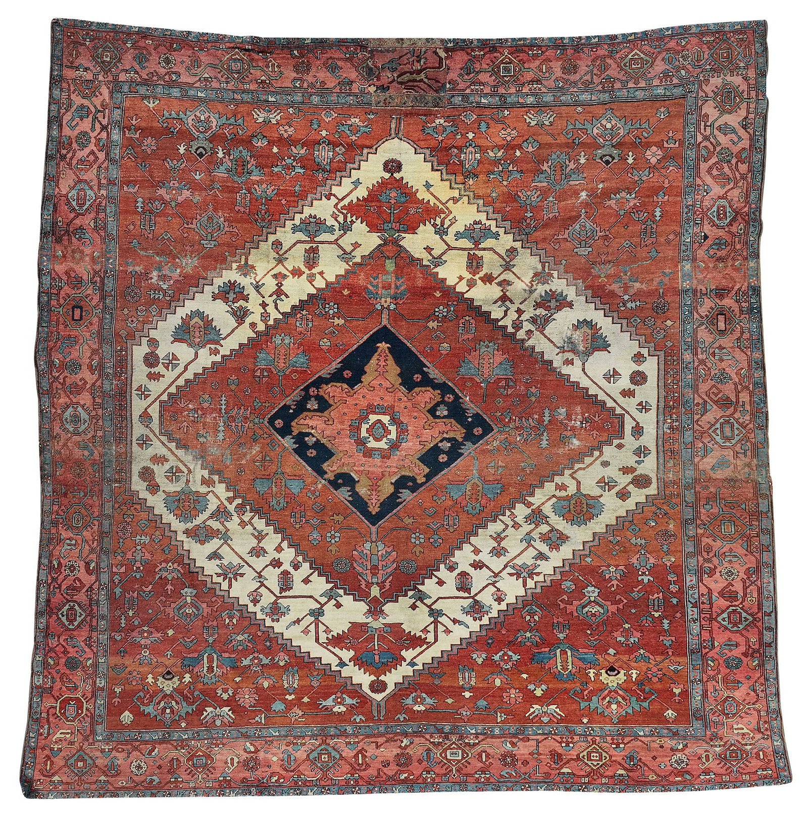 Serapi Square Carpet: early 20th century, central medallion on red ground, geometric floral and foliate designs throughout, 11 ft. 11 in. x 11 ft. 6 in. Provenance: Private Collection, Asheville, North Carolina
