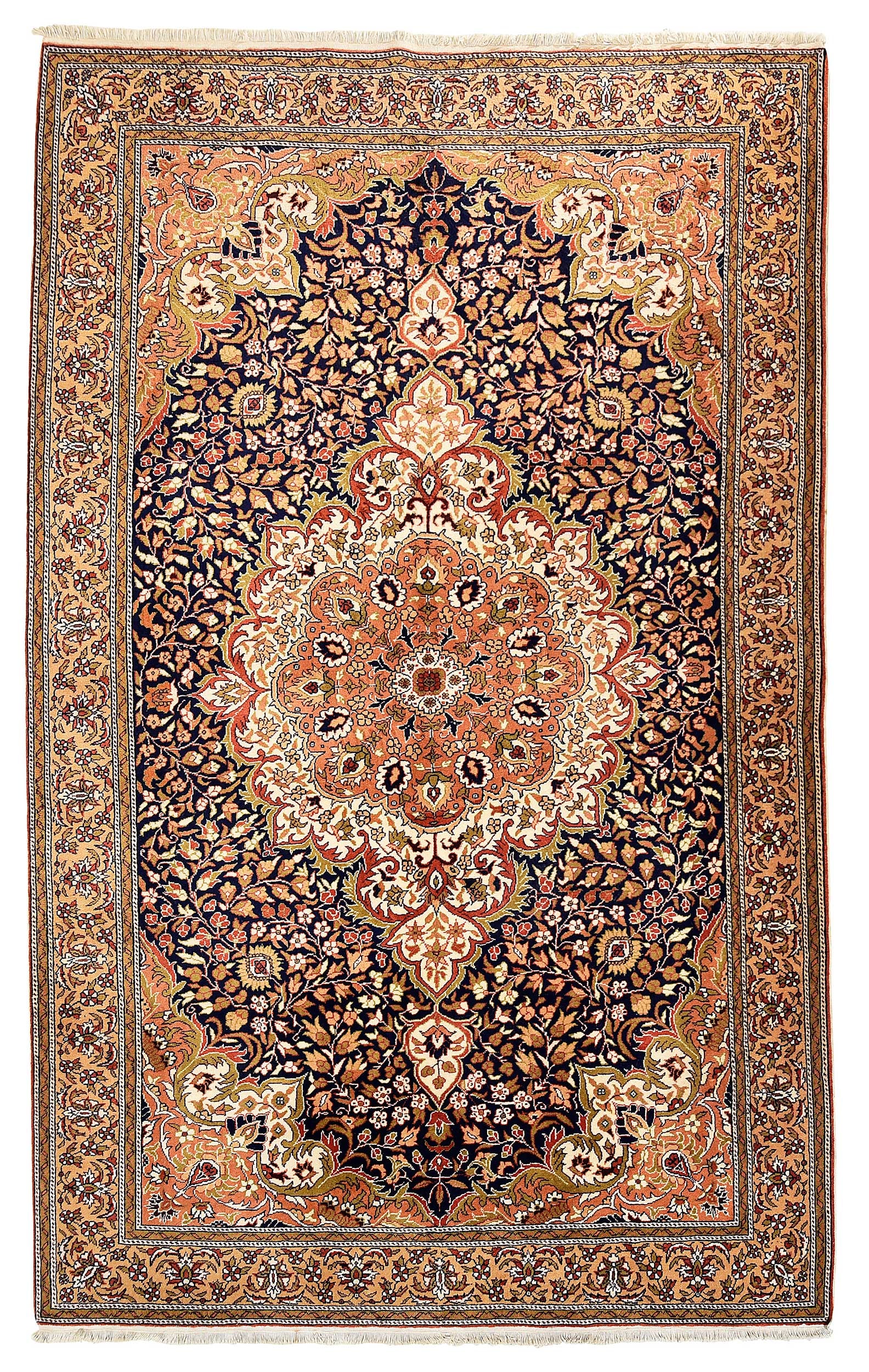 Tabriz Rug: late 20th century, large central medallion on dark blue field, caramel main border, 9 ft. 10 in. x 6 ft. 6 in. Provenance: Private Asheville Collection