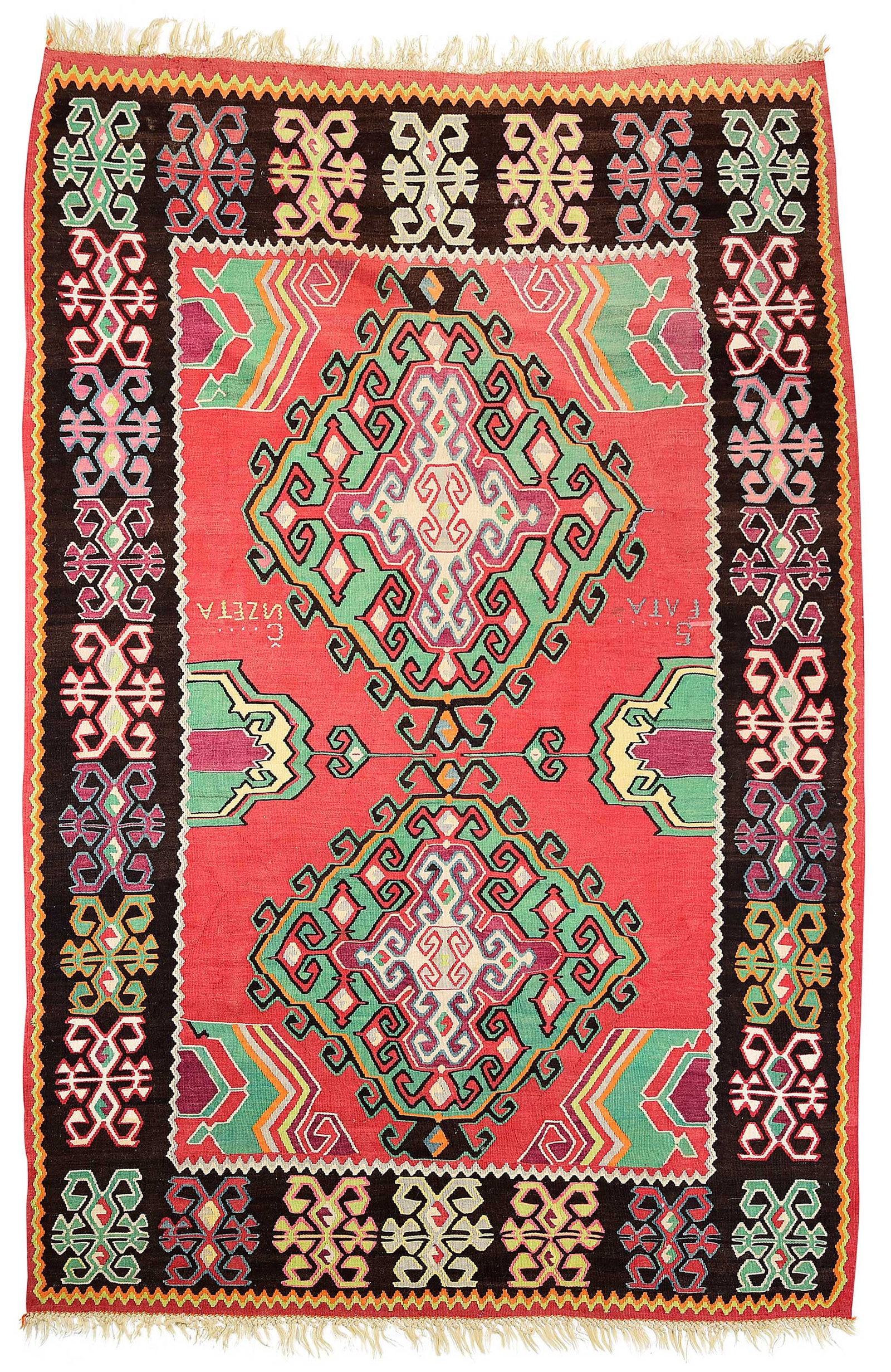 Inscribed Kilim Carpet: mid 20th century, two large medallions on red field, inscriptions read "5.....FATA / C....NZETA", 10 ft. 8 in. x 6 ft. 10 in. Provenance: Private Collection, Asheville, North Carolina