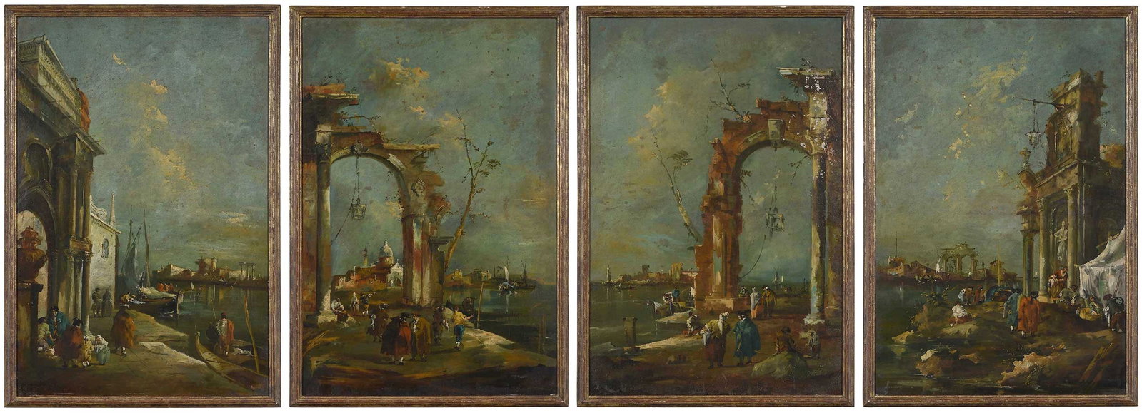 Follower of Francesco Guardi, Four Architectural Panels: (Italian, 1712-1793) Capriccios of a Venetian canals: Figures under a ruined arch and in boats; Figures, including diminutive figures; Figures by a church, distant classical ruins; Ruined classical