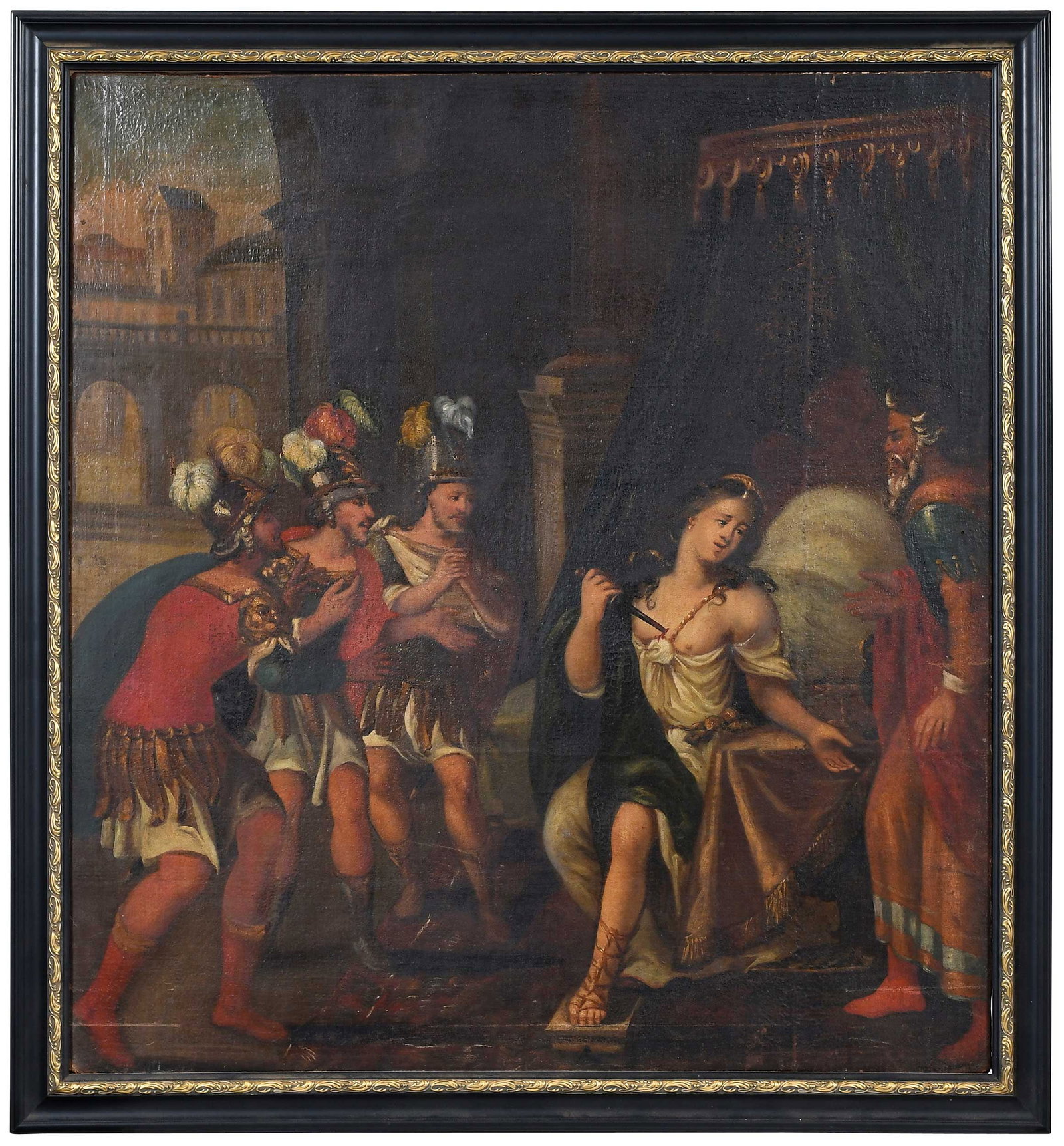 Italian School Painting, The Death of Lucretia: (18th century) Lucretia with her father the Magistrate next to her and possibly her husband with soldiers, committing suicide after asking for vengeance, unsigned, oil on canvas, 39-1/4 x 36-1/4 in.; 