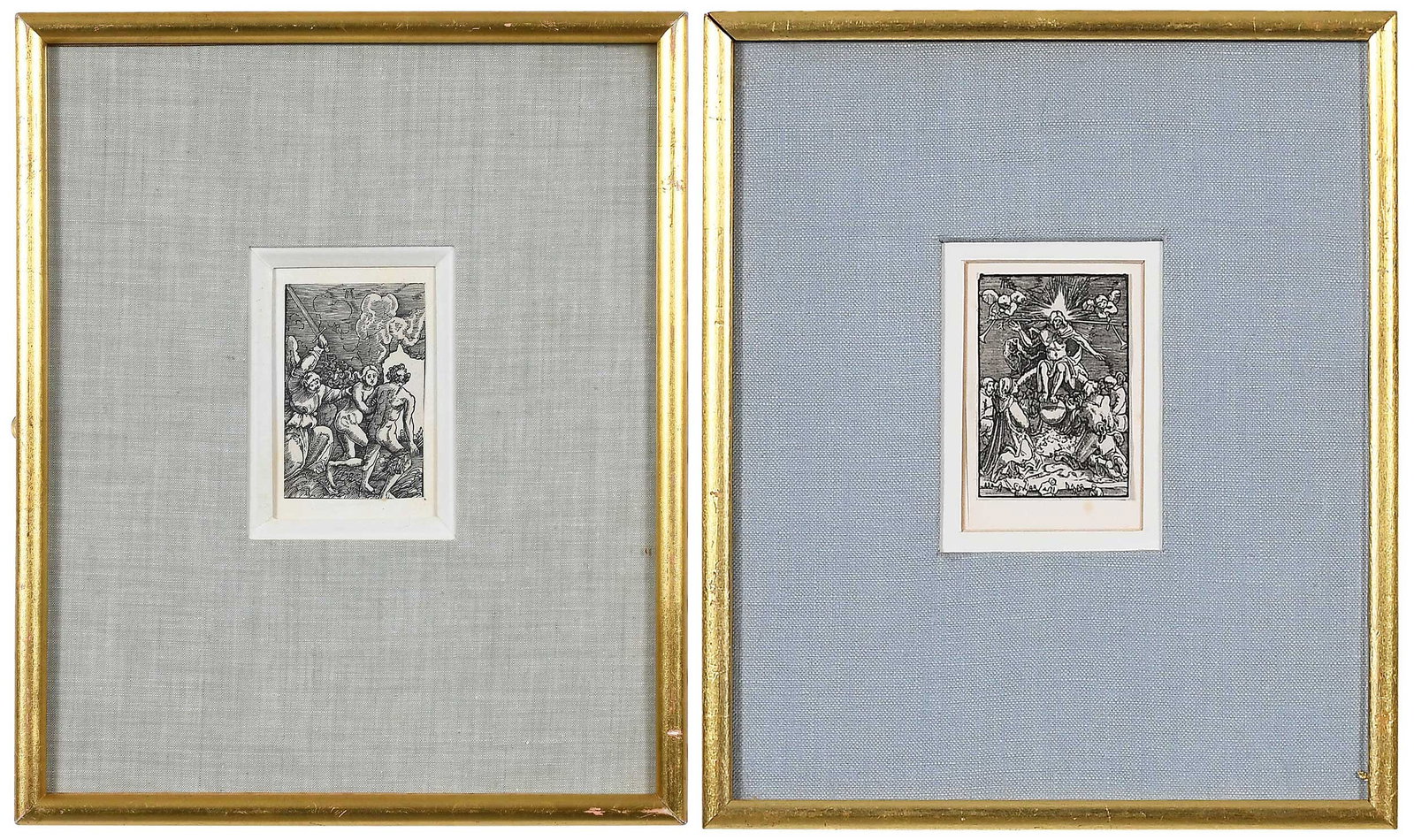 Pair of Albrecht Altdorfer Etchings: (German, 1480-1538) The Last Judgment, from The Fall and Salvation of Mankind Through the Life and Passion of Christ, monogram upper left, wood cut on paper, plate, 2-13/16 x 1-7/8 in.; Expulsion