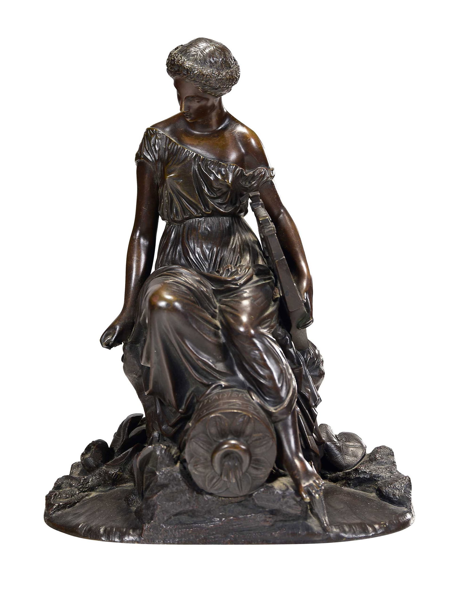 James Pradier, Figure from La Fontaine de Pradier, Nimes: (Swiss, 1790-1852) La Source de L'Eure, signed on amphora "J. Pradier", patinated bronze, 12-1/2 x 9-1/2 x 6-3/4 in. Provenance: Private Virginia Collection