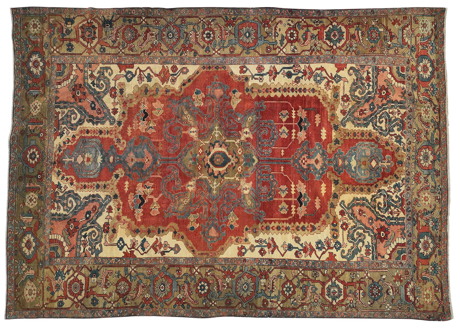 Serapi Carpet: late 19th/early 20th century, central medallion on red field, large cream spandrels, 11 ft. 11 in. x 8 ft. 4 in. Provenance: Private Collection, Asheville, North Carolina