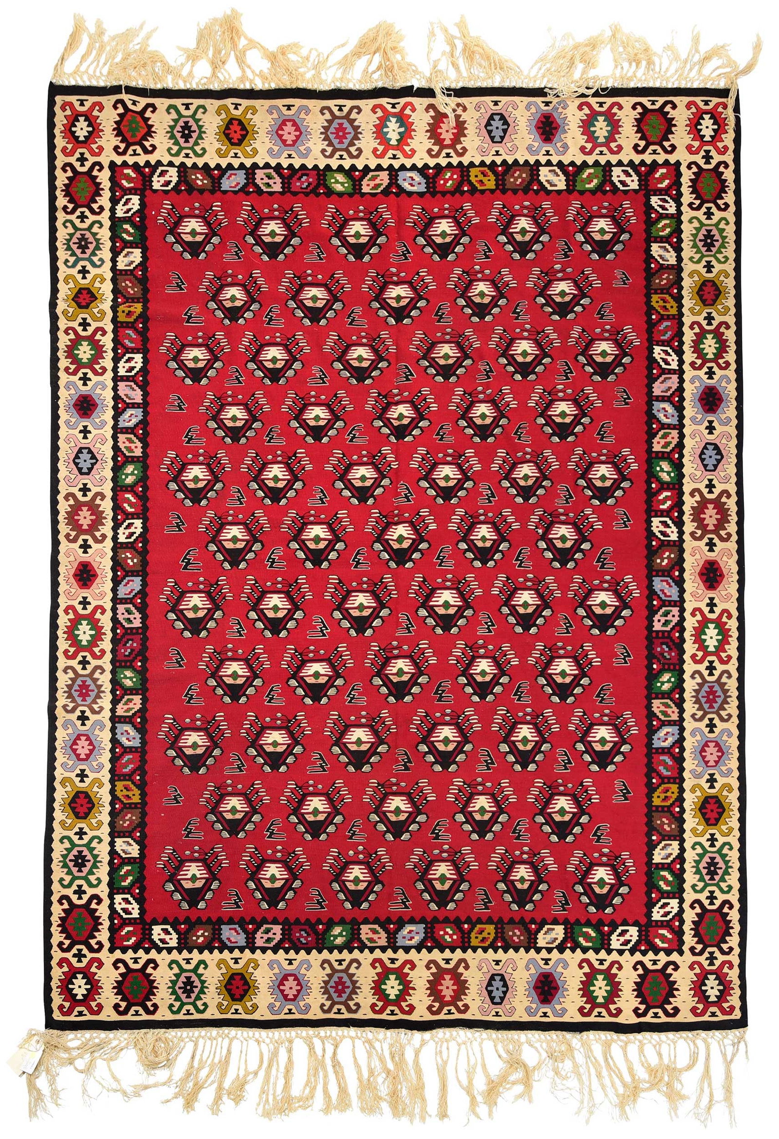 Caucasian Kilim Carpet: second half 20th century, repeating medallions on red field, white border, 10 x 6 ft 10 in. 