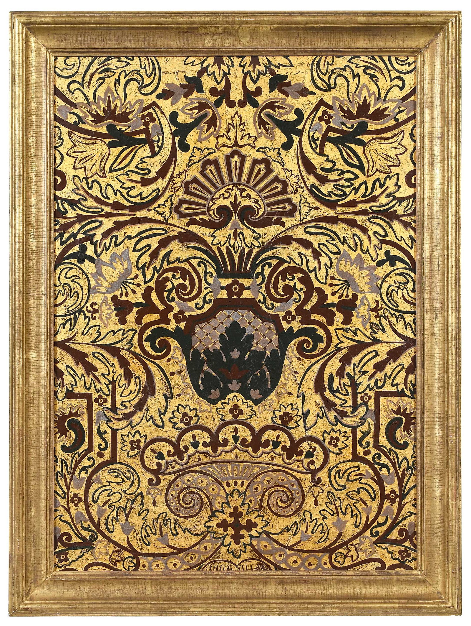 Continental Gilt and Painted Framed Leather Panel: 19th century, gilt and polychrome decoration, sight 27-1/2 x 19-1/2 in.; in faux distressed composite frame, 32-1/2 x 24-1/4 x 1-3/4 in. Provenance: Private Collection, Forest City, North Carolina