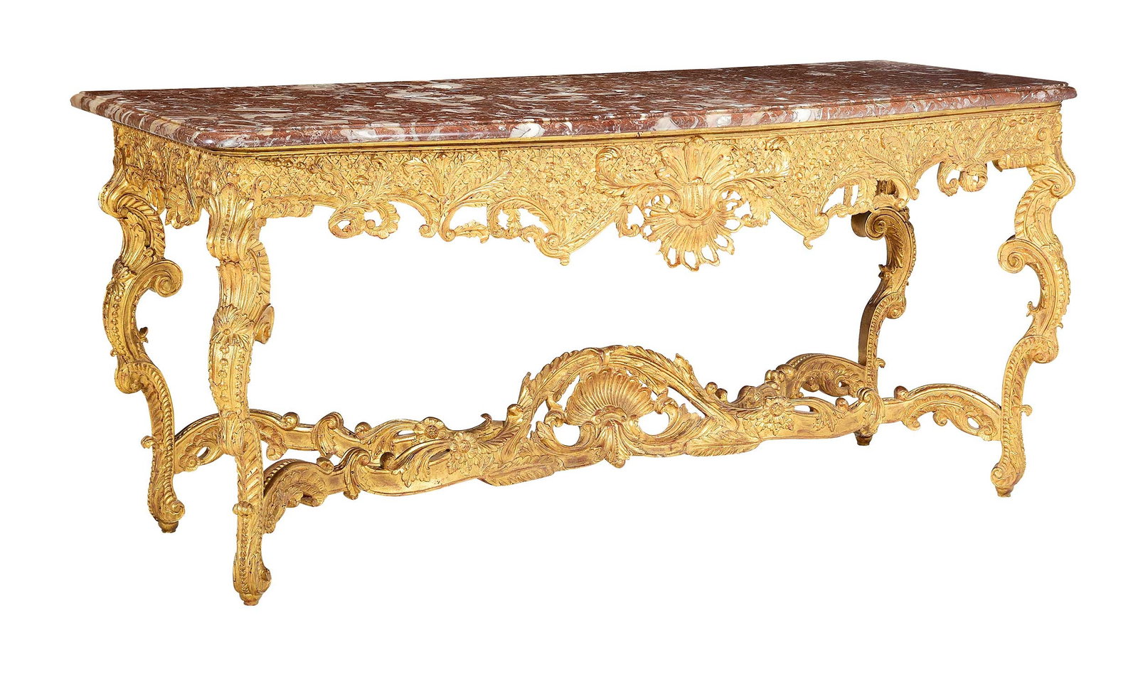Fine Rococo Revival Carved Giltwood Console Table, Coquillier de Bilbao Marble Top (1 of 20)