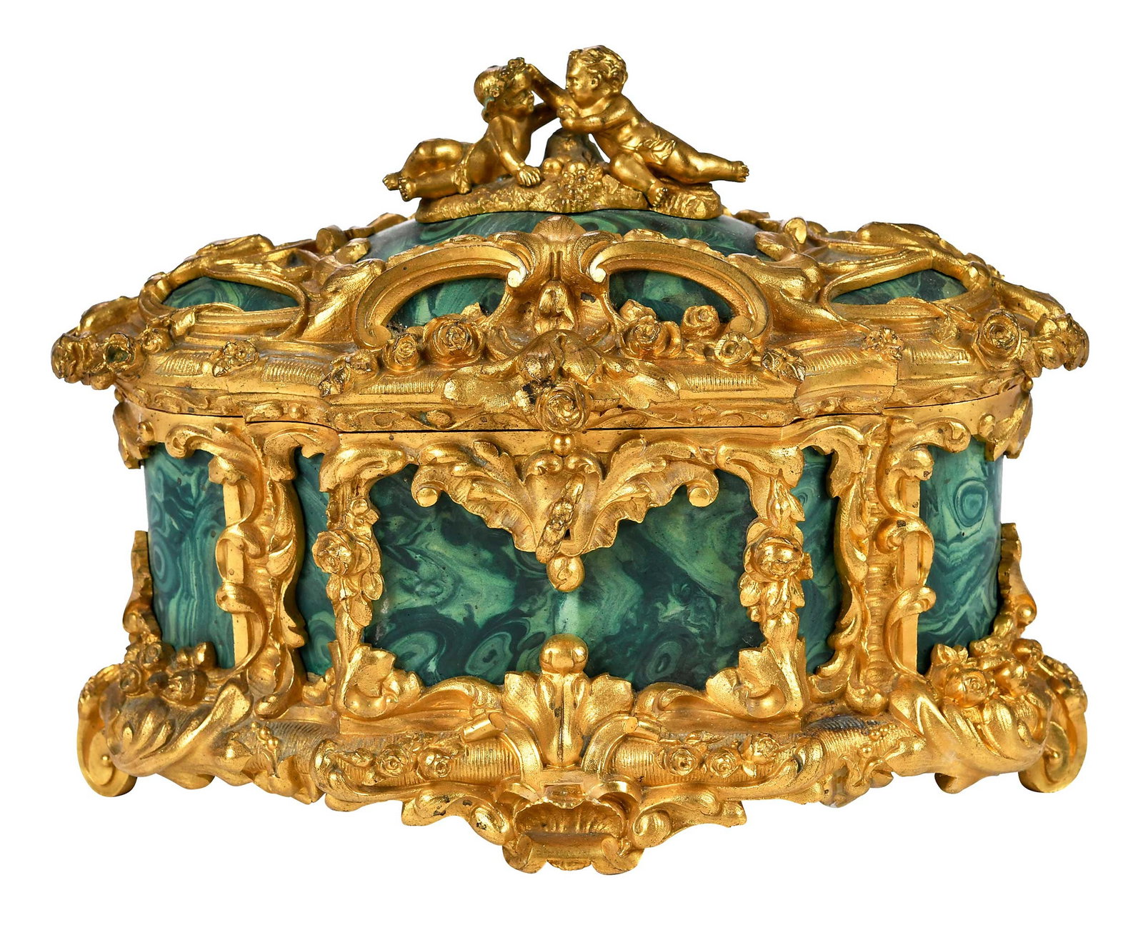 French Malachite Jewelry Casket with Gilt Metal Adornment: 19th century, putti finial and floral mounts, hinged lid opening to velvet lined interior, 5-1/2 x 7-1/4 x 4-1/4 in. Provenance: Collection of Steve Stewart, Lake Lure, North Carolina