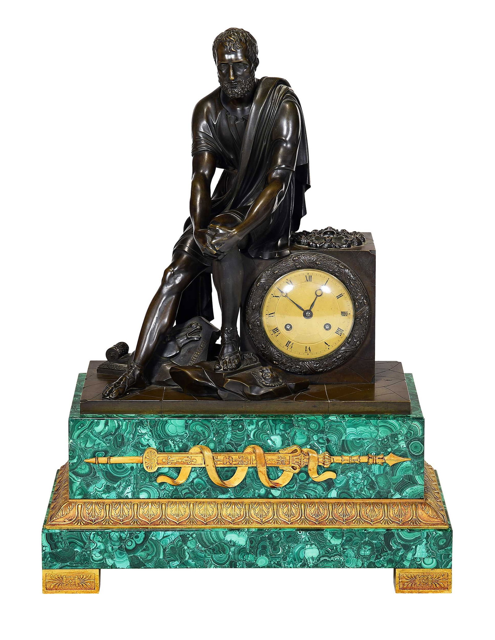 French Bronze and Malachite Figural Mantel Clock: bronze dial with Roman numerals set in patinated bronze figural case depicting Hannibal at Carthage, mounted on malachite plinth with gilt bronze appliques and bracket feet, works stamped "Hemon a Par