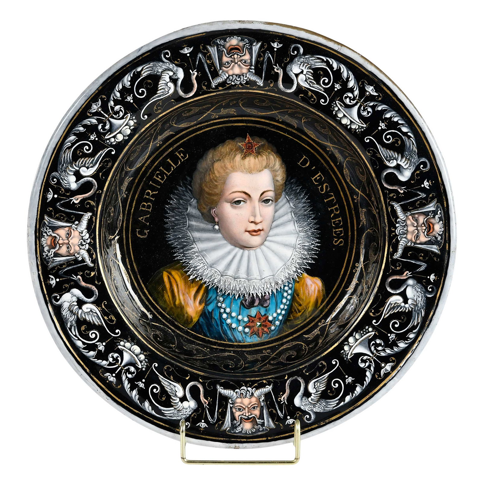 Limoges Enameled Copper Portrait Plaque, Gabrielle D'Estrees [sic]: French, 19th century, approx. 2 x 12-1/4 x 12-1/4 in. Provenance: Collection of Steve Stewart, Lake Lure, North Carolina Note: A related plaque sold at Bonhams, New York, "The Collector's Cabinet: Eur