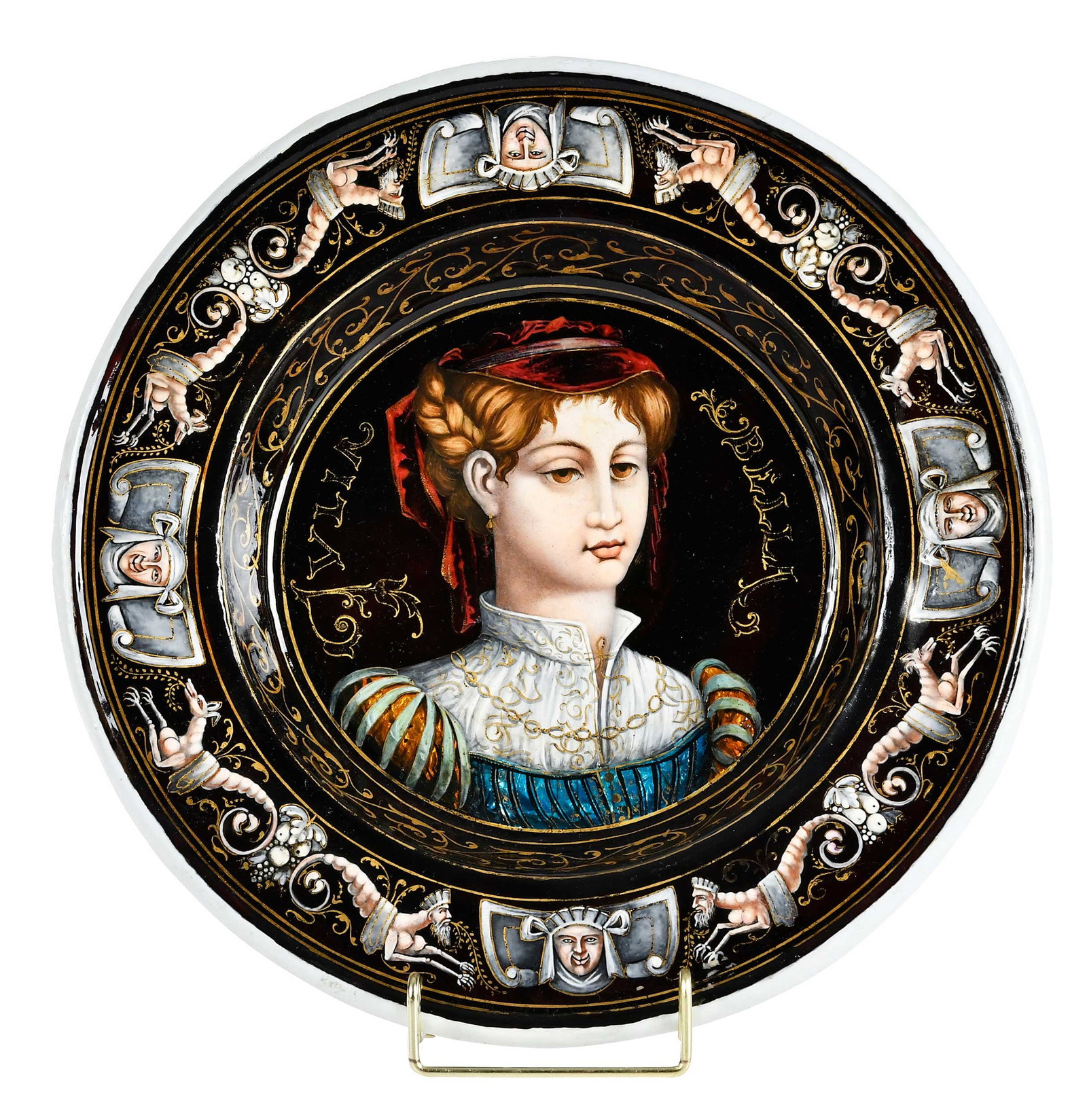Limoges or Style Enameled Copper Portrait Plaque, Julia Bella: French, 19th century, approx. 1-1/2 x 12-1/4 x 12-1/4 in Provenance: Collection of Steve Stewart, Lake Lure, North Carolina Note: A similar style plaque sold at Bonhams, New York, "The Collector's