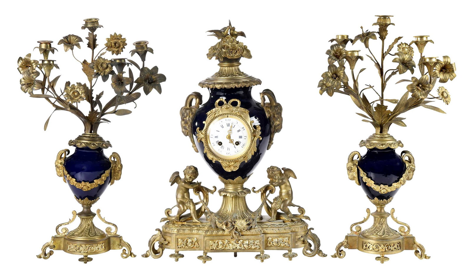 Guiche Palais Royal Cobalt Porcelain and Gilt Bronze Clock Garniture (1 of 14)
