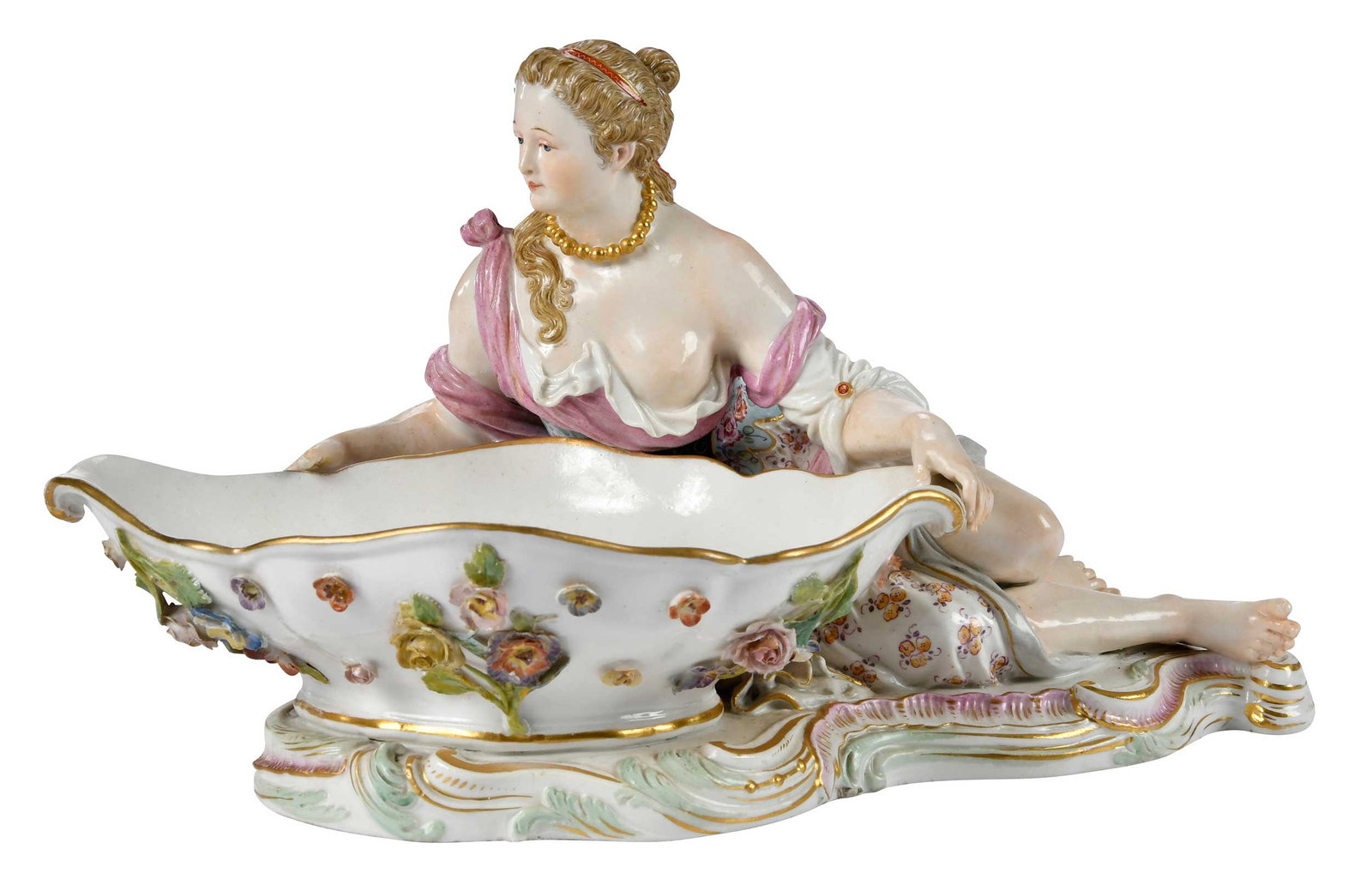 Meissen Porcelain Figural Sweetmeat Dish, Dame an Schale: German, 19th century, the base marked with crossed swords and "No: 2858", 6-3/4 x 12-1/2 x 7-3/4 in. Provenance: Collection of Steve Stewart, Lake Lure, North Carolina