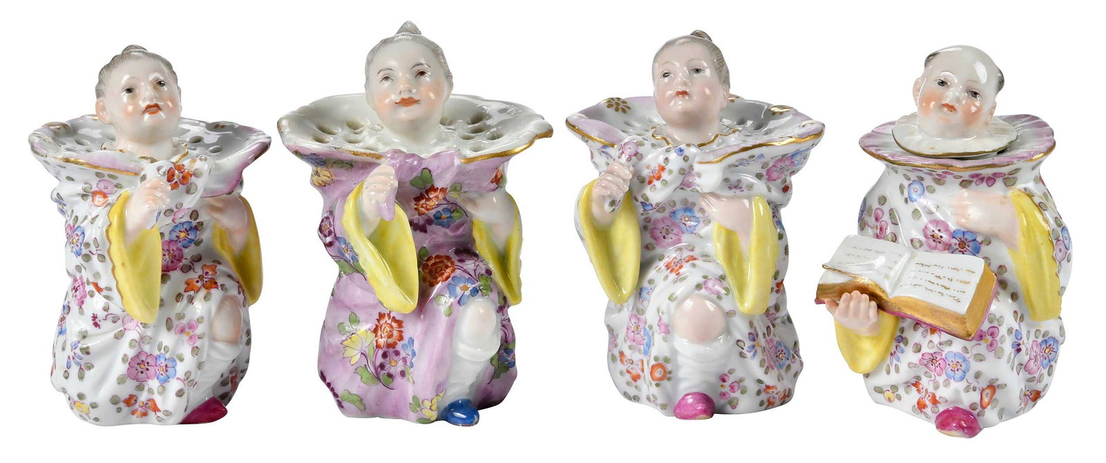 Three Meissen Porcelain Figural Sanders and an Inkwell: German, 19th century, each with underglaze blue crossed swords mark to base, in floral decorated robes, each approx. 3-1/2 x 2-3/4 x 2-1/2 in. Provenance: Collection of Steve Stewart, Lake Lure, North