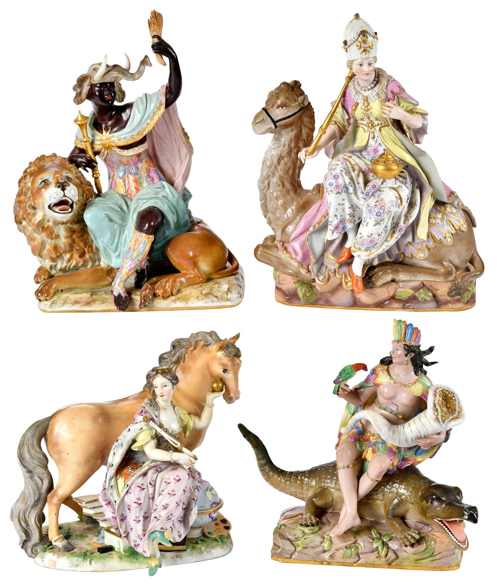 Four Large Meissen Porcelain Figural Groups, Allegories of the Four Continents: German, 19th century, each with crossed swords to base, comprising: Europe, 10-1/4 x 10-1/2 x 8-3/4 in.; America, marked "858" to base, 11-1/4 x 12-1/4 x 7 in.; Africa, marked "689" to base, 12-1/4 x 