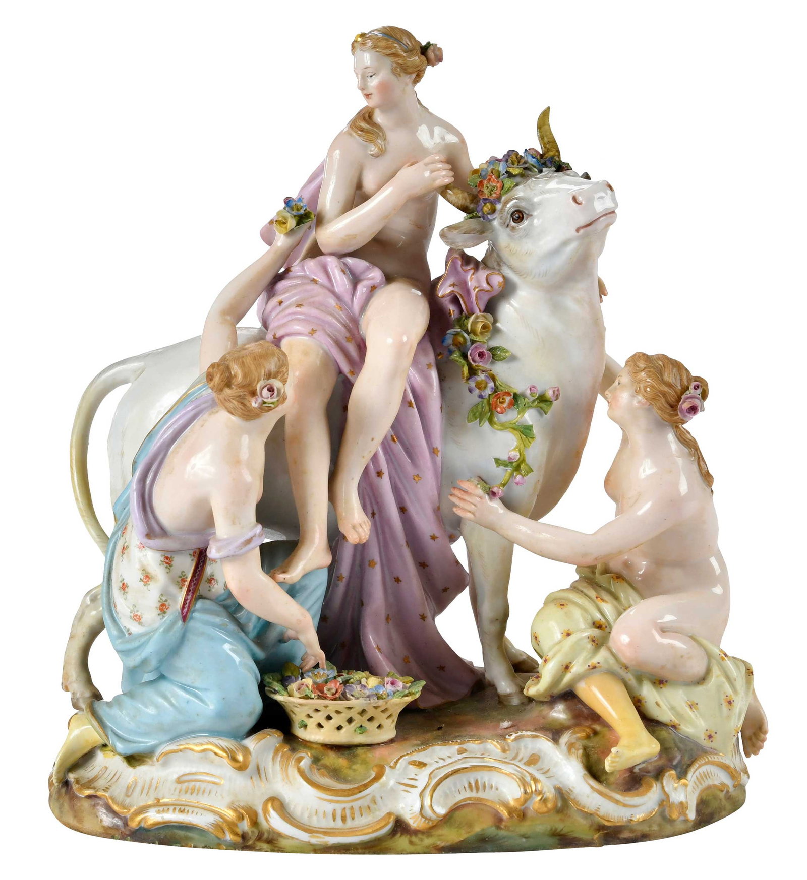 Meissen Porcelain Figural Group, Europa auf dem Stier: German, 18th/19th century, crossed swords mark and "2697", after the model designed by Johann Joachim Kandler, 8-1/2 x 7-3/4 x 4-3/4 in. Provenance: Collection of Steve Stewart, Lake Lure, North Carol
