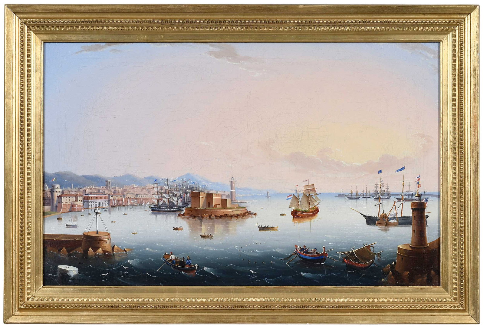 Attributed to Luigi Renault: (Italian, 1845-1910) The Port of Livorno also known as Leghorn, the ship St. Cloud to the right, unsigned, oil on canvas, 19 x 30-3/4 in.; gilt wood frame, 24 x 35-1/2 x 2 in. Note: Luigi Renault was
