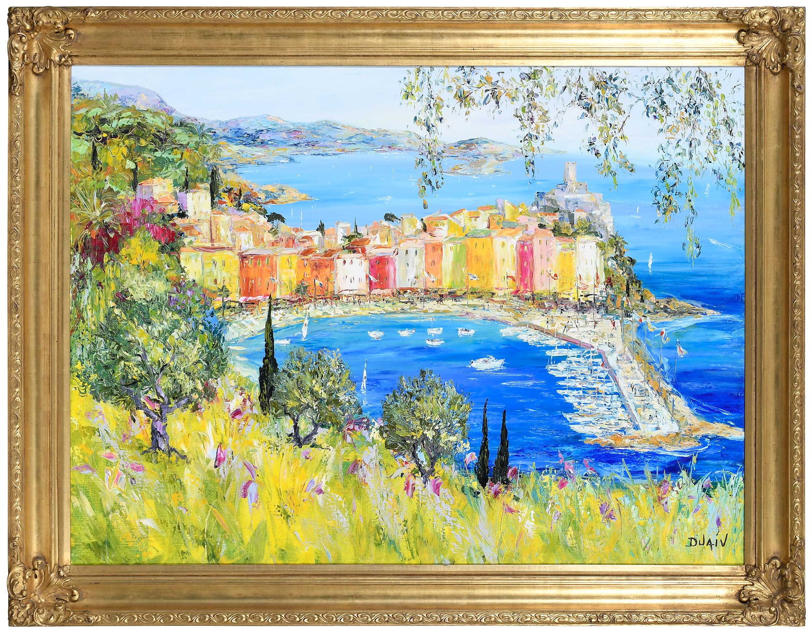 Duaiv: (French/Florida, born 1952) Santa Marguarita, signed lower right and verso "Duaiv", titled verso, oil on canvas, 51-1/4 x 38-1/4 in.; molded and gilt wood frame, 46-1/4 x 59-3/8 x 3 in. Provenance: