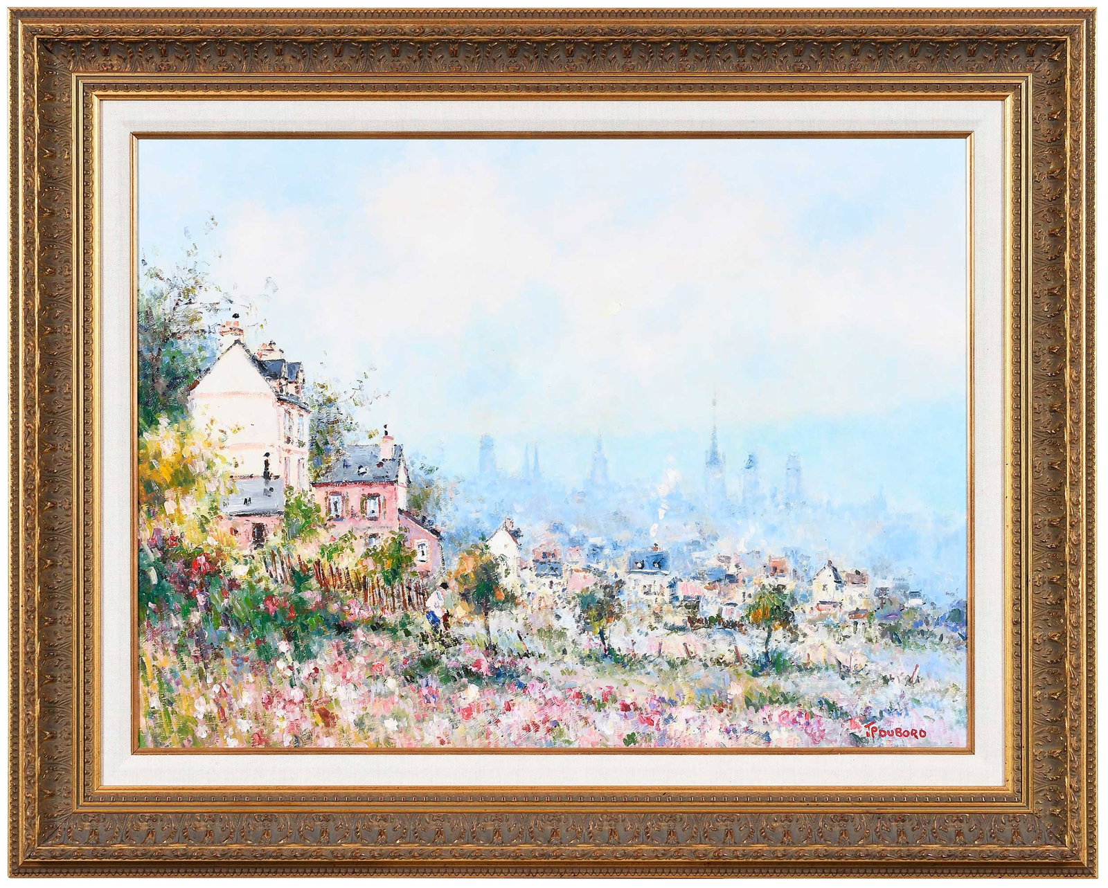 Jean-Pierre Dubord: (French, born 1949) Les Fleurs sur les Hauteurs de Rouen, signed lower left "J.P. Dubord", and signed and inscribed with title verso canvas, oil on linen, 21-1/4 x 28-3/8 in.; gilt molded and wood fra