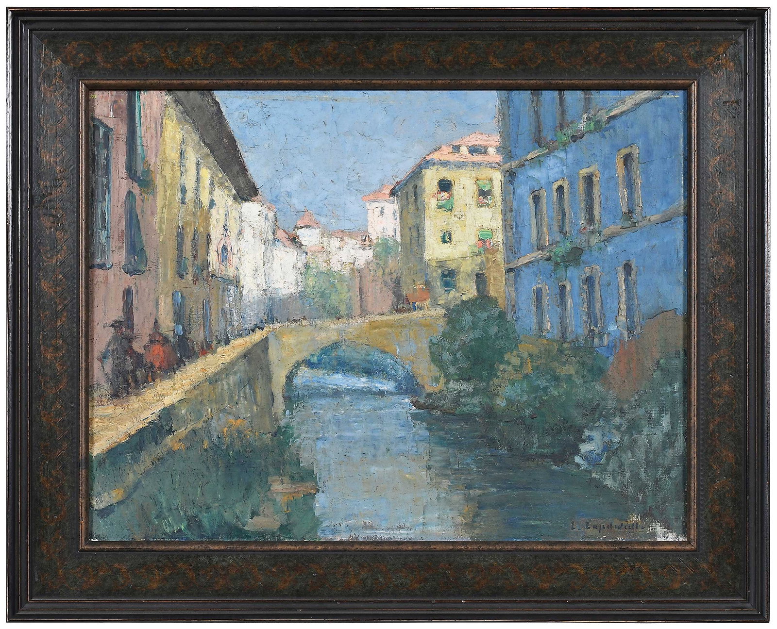Lucienne Capdevielle, Granada, Spain: (French,1885-1961) The Carrera del Darro, signed lower right " L Capdevielle", title inscribed verso, oil on canvas, 18-1/4 x 24 in.; modern veneer frame, 24 x 29-3/4 x 1-3/4 in. Provenance: Private