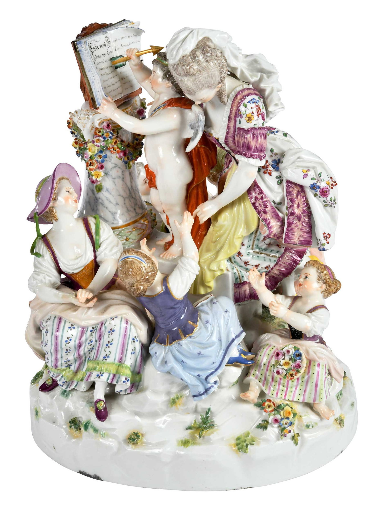 Meissen Porcelain Figural Group, Lessons in Love: German, 19th century, after the model by Michel Victor Acier, blue crossed swords mark and incised model number "F74" to base, expressively modeled and finely detailed, 12 x 9-1/2 x 7-1/2 in. Provenan
