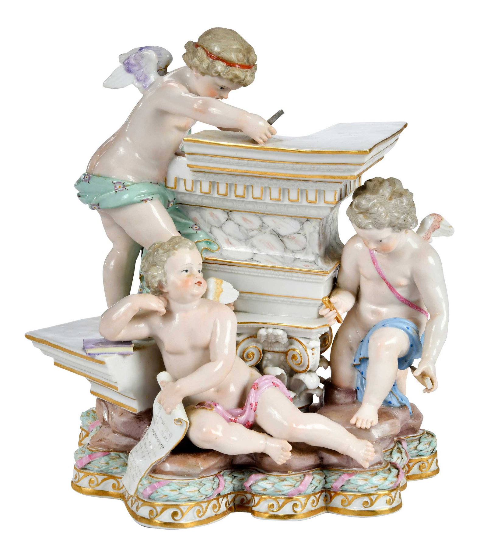 Meissen Porcelain Figural Group, Allegory of Architecture: German, 19th century, after the model by Michel Victor Acier, blue crossed swords mark and incised model number "6" to base, finely detailed, 8-3/4 x 8 x 5 in. Provenance: Collection of Steve Stewart,