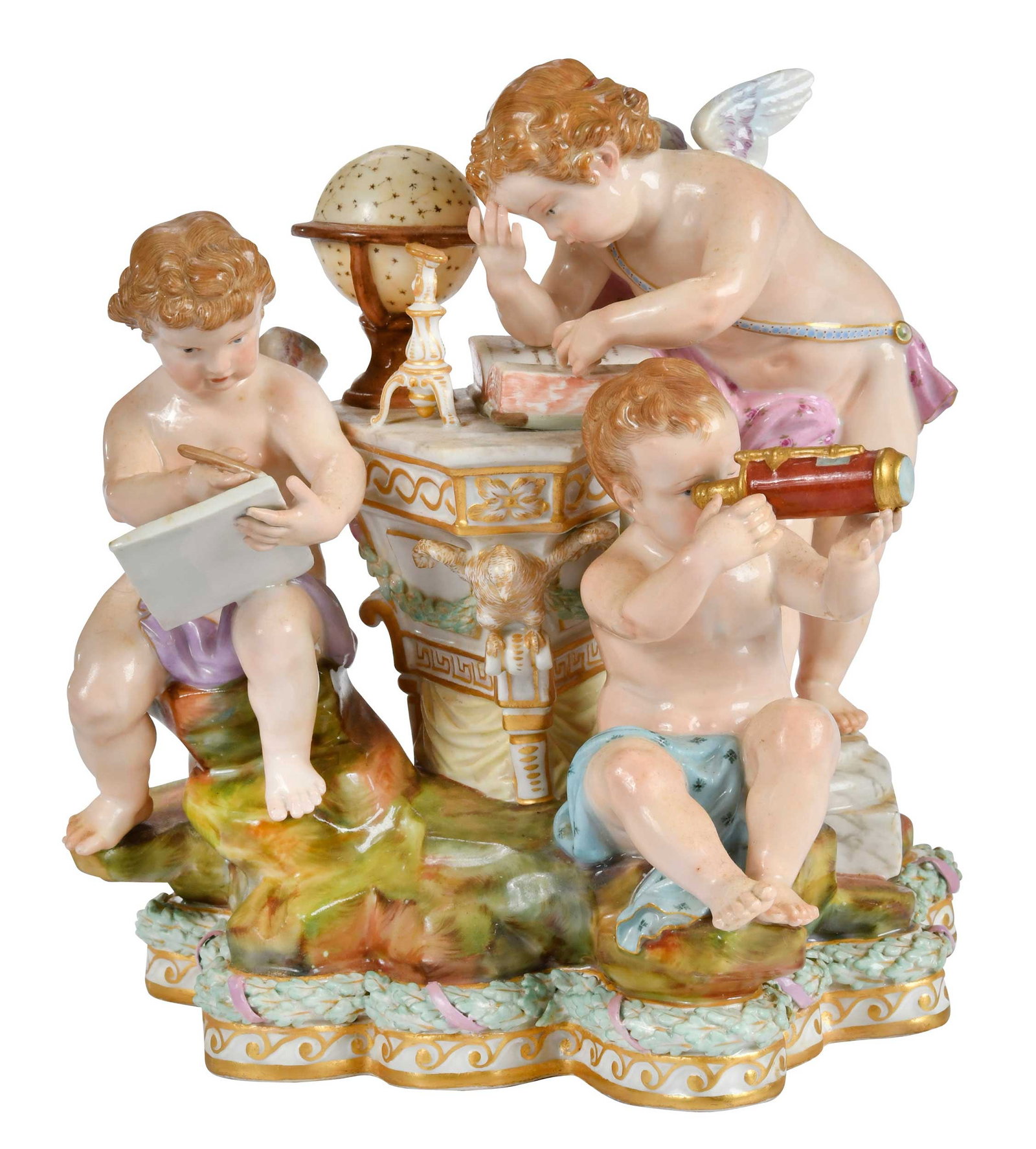 Meissen Porcelain Figural Group, Allegory of Astronomy: German, 19th century, after the model by Michel Victor Acier, blue crossed swords mark and incised model number "9" to base, 8 x 8 x 5-1/2 in. Provenance: Collection of Steve Stewart, Lake Lure, North