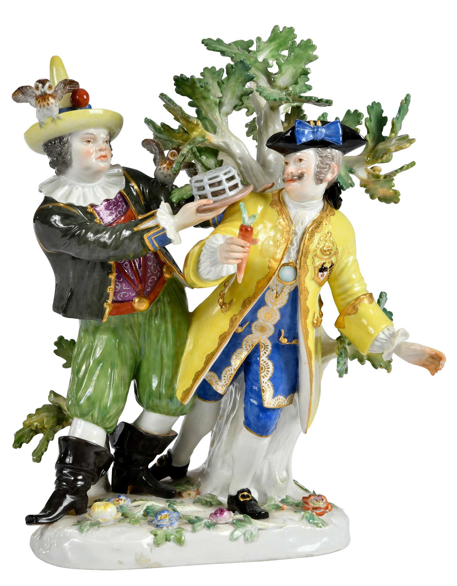 Meissen Porcelain Figural Group, Frohlich and Schmiedel: German, 19th century, blue crossed swords mark to base of tree, incised model number "290" to base, after the model by J. J. Kaendler, depicting Joseph Frolich and "Baron" Schmiedel, famous court jest