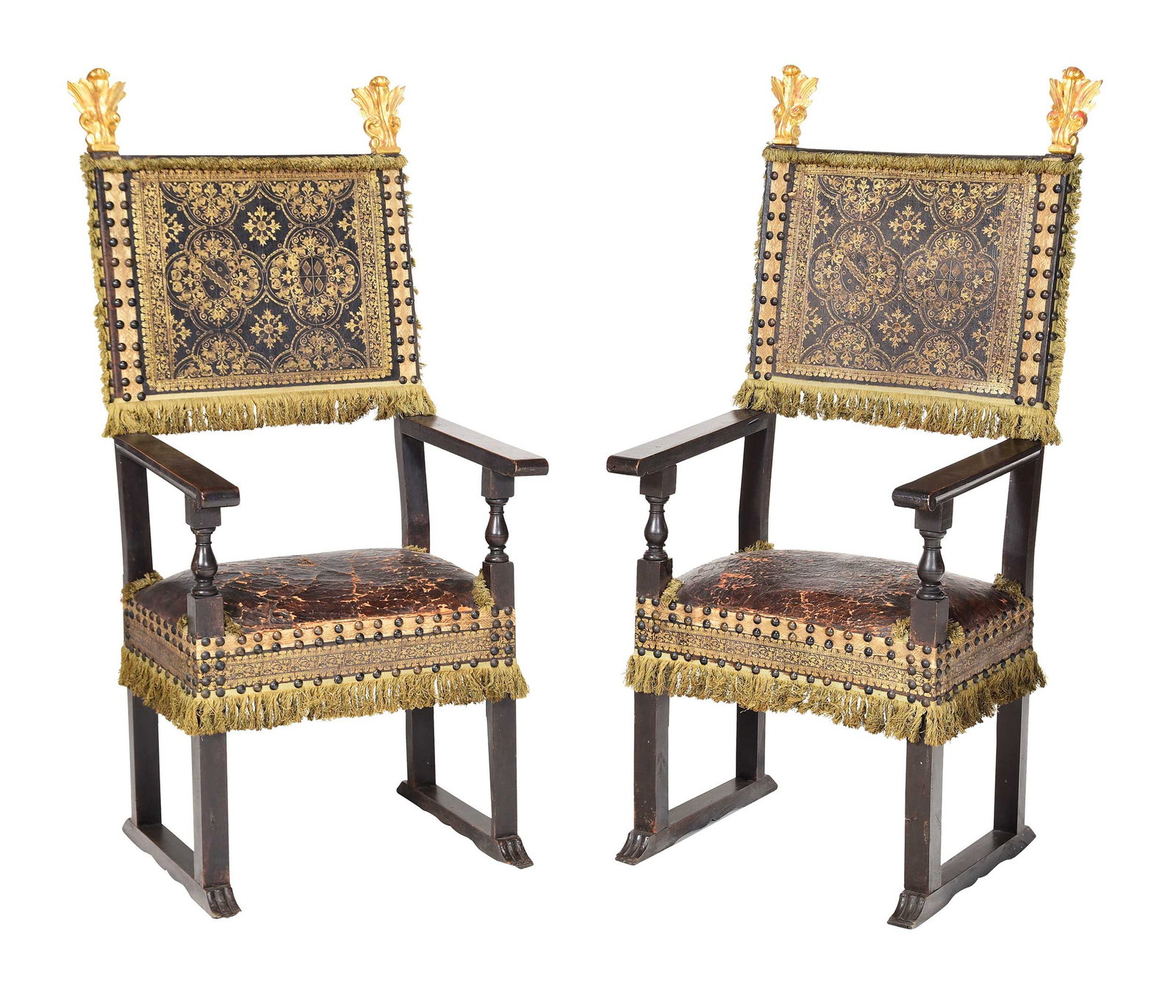 Pair of Large Spanish Baroque Style Gilt and Leather Throne Armchairs (1 of 15)