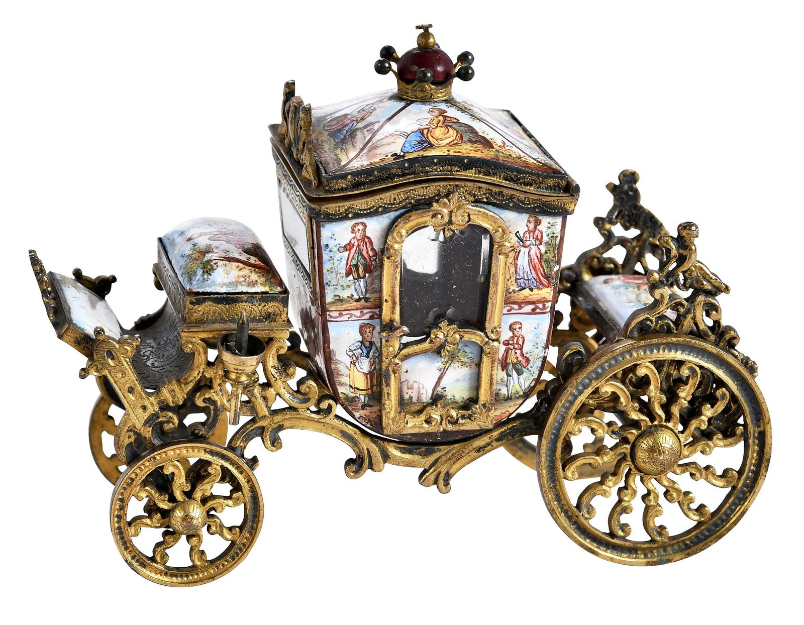 Viennese Gilt Silver and Enamel Carriage: 19th century, enamel scenes with neoclassical scenes, gilt silver base, marked on base "SC", 3 x 4-1/4 x 1-13/4 in. Provenance: Collection of Steve Stewart, Lake Lure, North Carolina