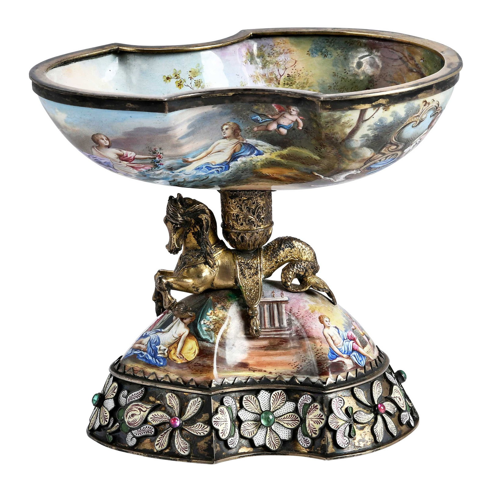 Viennese Enameled and Silver Compote: 19th century, shaped bowl and domed base with neoclassical enamel decoration, hippocampus post, gilt silver, floral band at base with green and pink stones, unmarked, test .900 fine, 5-1/2 x 6-1/2 x