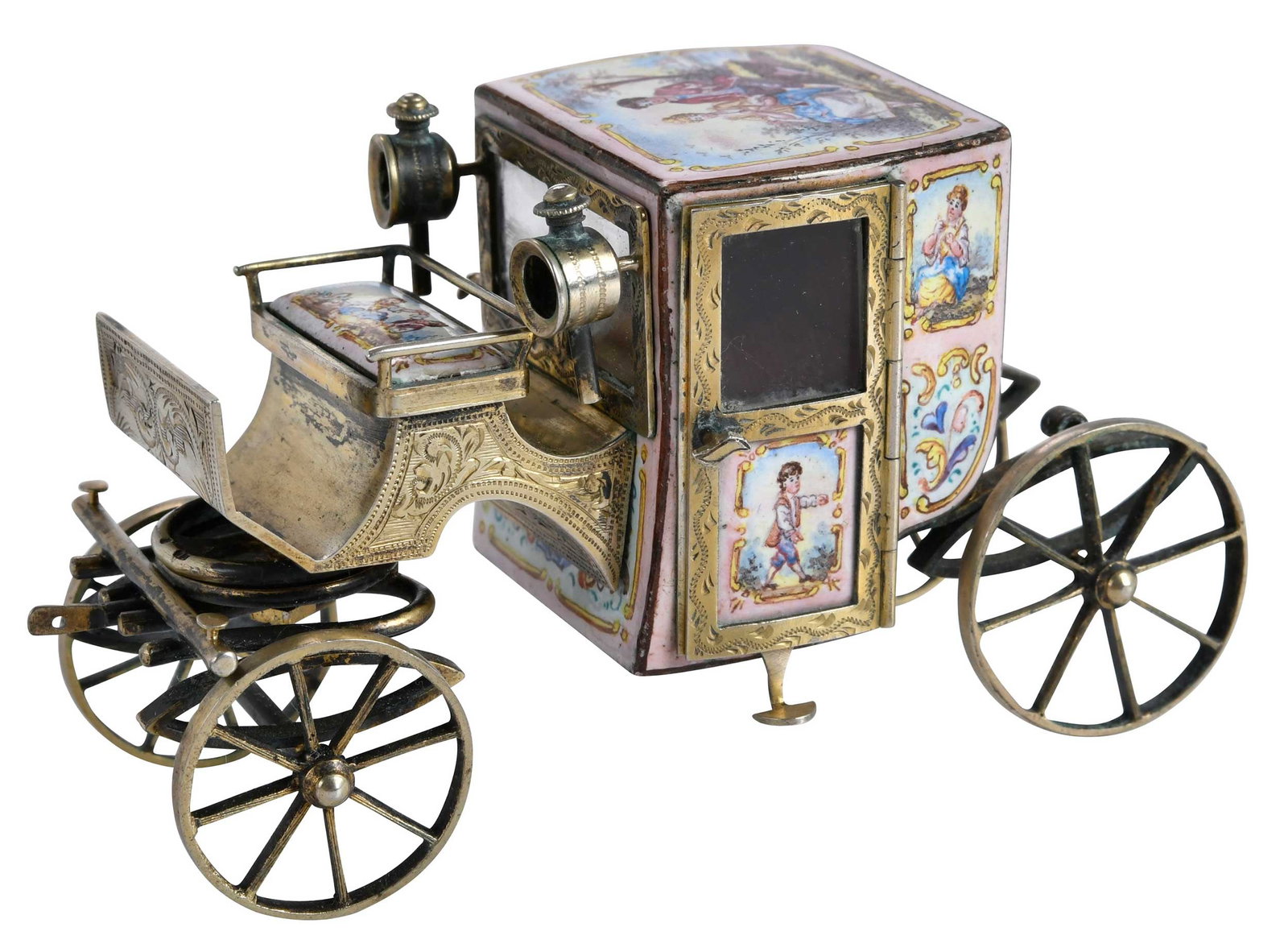 French Silver and Enameled Carriage: late 19th/early 20th century, gilt silver, enamel neoclassical scene, red damask interior, French weevil mark, 88 grams gross weight, 2-1/8 x 3-3/4 x 1-5/8 in. Provenance: Collection of Steve Stewart,