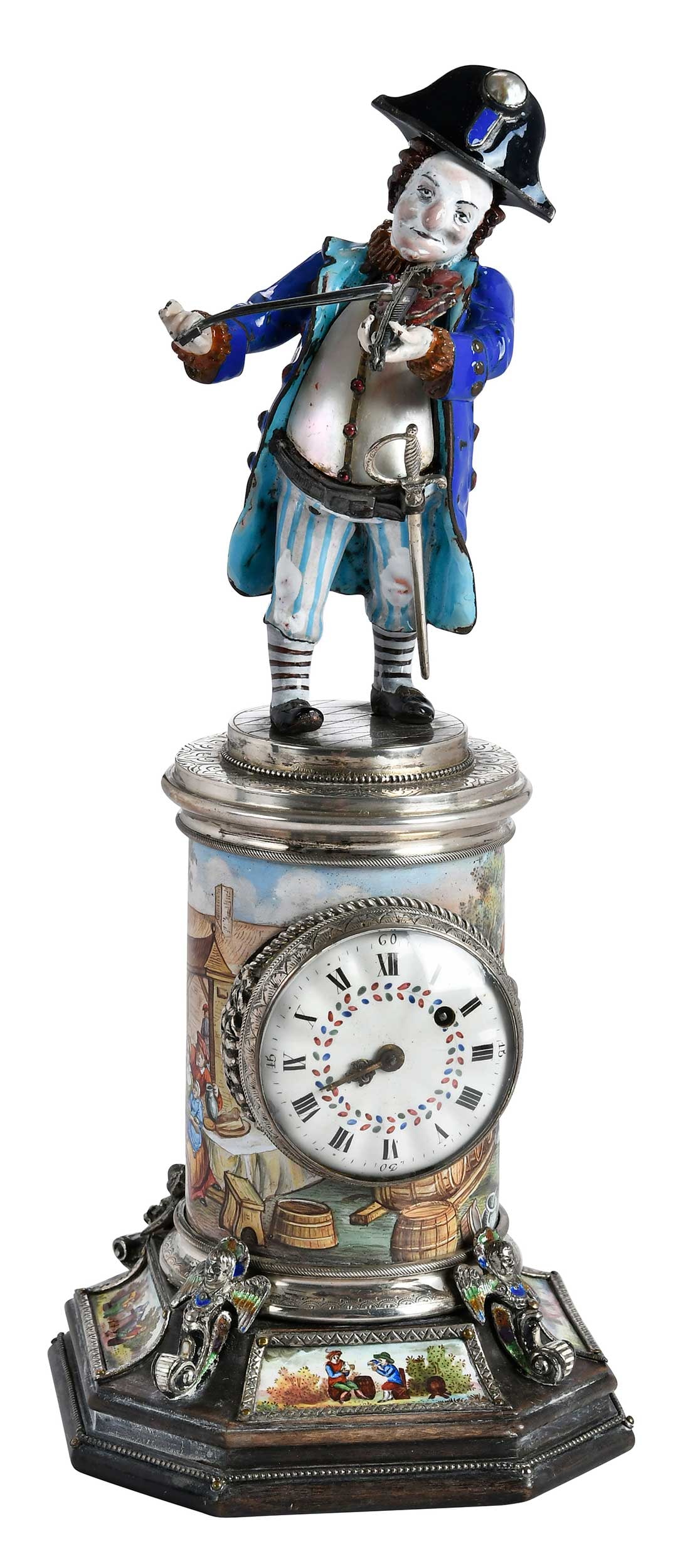Viennese Silver, Enamel, and Freshwater Pearl Figural Clock (1 of 12)