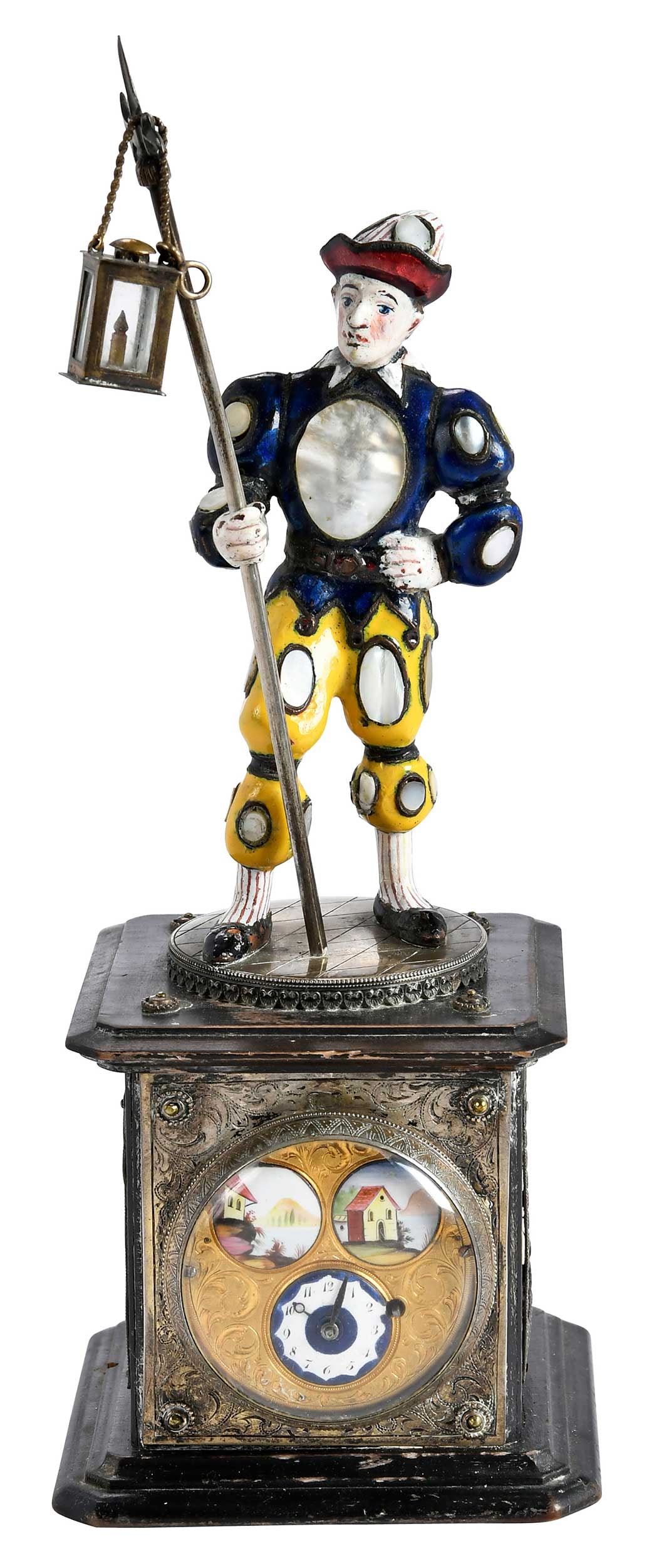 Viennese Silver, Enamel, and Freshwater Pearl Figural Clock: Austria, late 19th century, guardsman or gondolier holding a staff and mounted atop a raised square base with circular clock and paneled enameled sides, 9-1/4 in. Provenance: Bonhams, July 19-20, 2014
