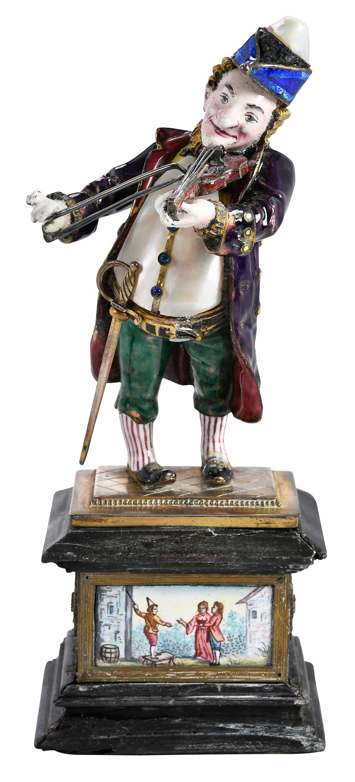 Viennese Silver, Enamel, and Freshwater Pearl Musician: Austria, late 19th/early 20th century, enameled violinist with freshwater pearl accents, on rectangular base with paneled enameled sides, 6 3/4 in. Provenance: Bonhams, July 19-20, 2014, lot 176, sold
