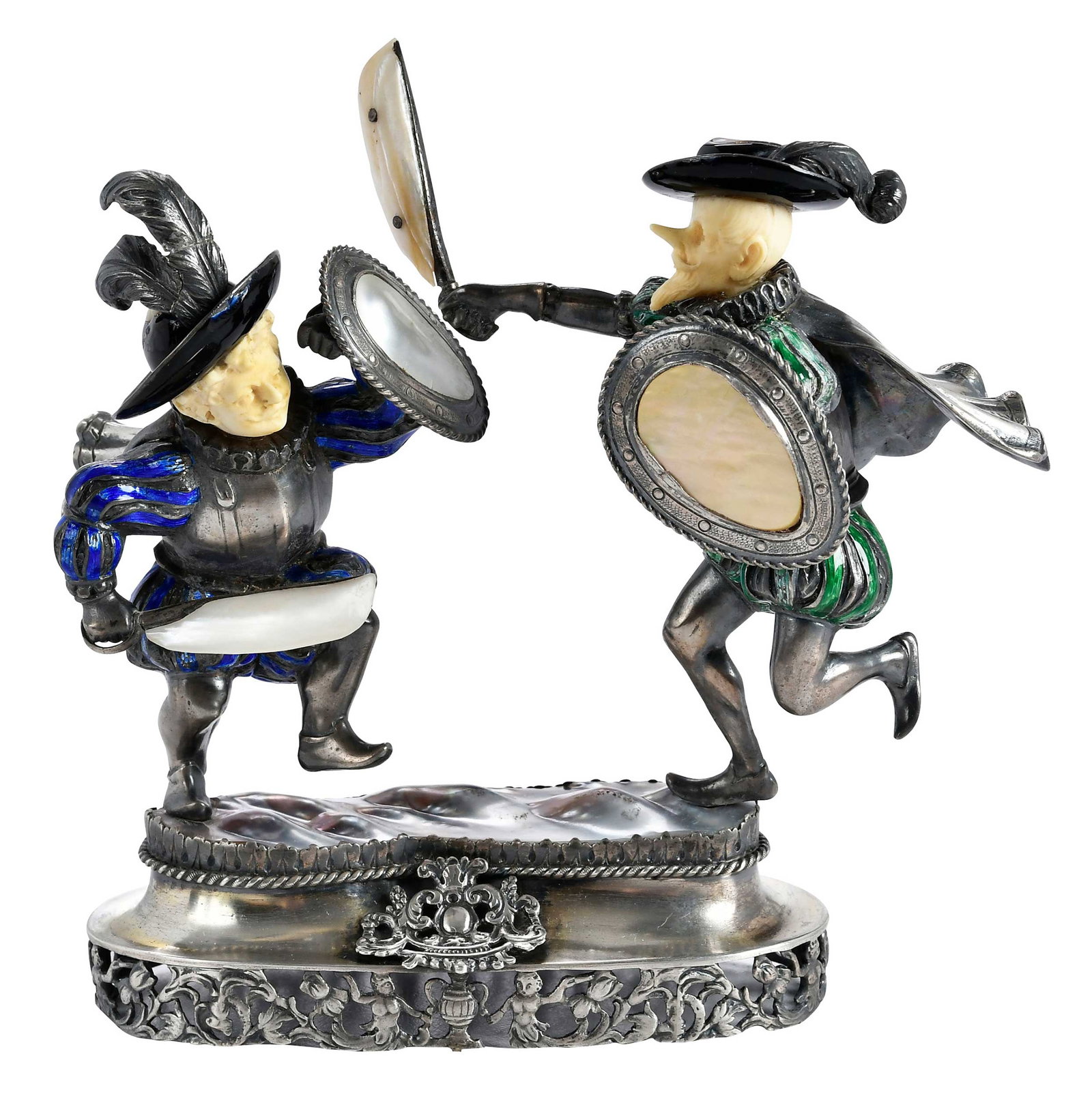 Viennese Silver and Enamel Figures in Sword Fight: 19th century, two figures in Edwardian dress with shields and swords, ivory faces, fresh water pearl accents on silver base, 5-1/2 x 6 x 3 in. Provenance: Collection of Steve Stewart, Lake Lure,