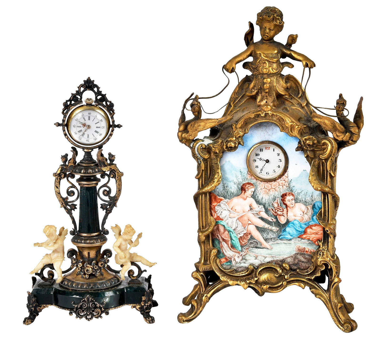 Two Continental Adorned Metal Table Clocks: late 19th/early 20th century, comprising: Viennese enamel clock with classical figures, the reverse housing a secret mechanical vignette of a rather intimate nature; green marble and gilt metal