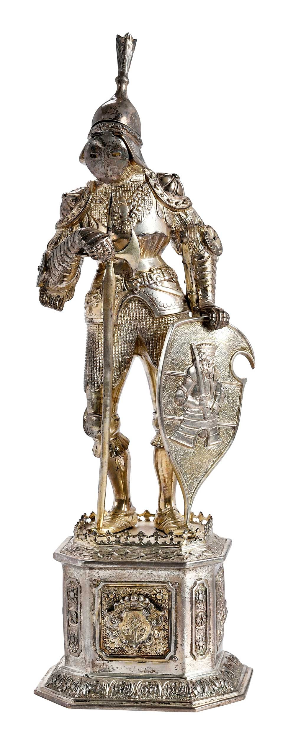 Gilt Silver Theodoric the Great Figure: Continental, late 19th/20th century, figure possibly Theodoric the Great with shield, sword, and poleaxe, ivory face, unmarked, test .900 fine, 22.24 oz. T., 11-3/4 in. Provenance: Collection of