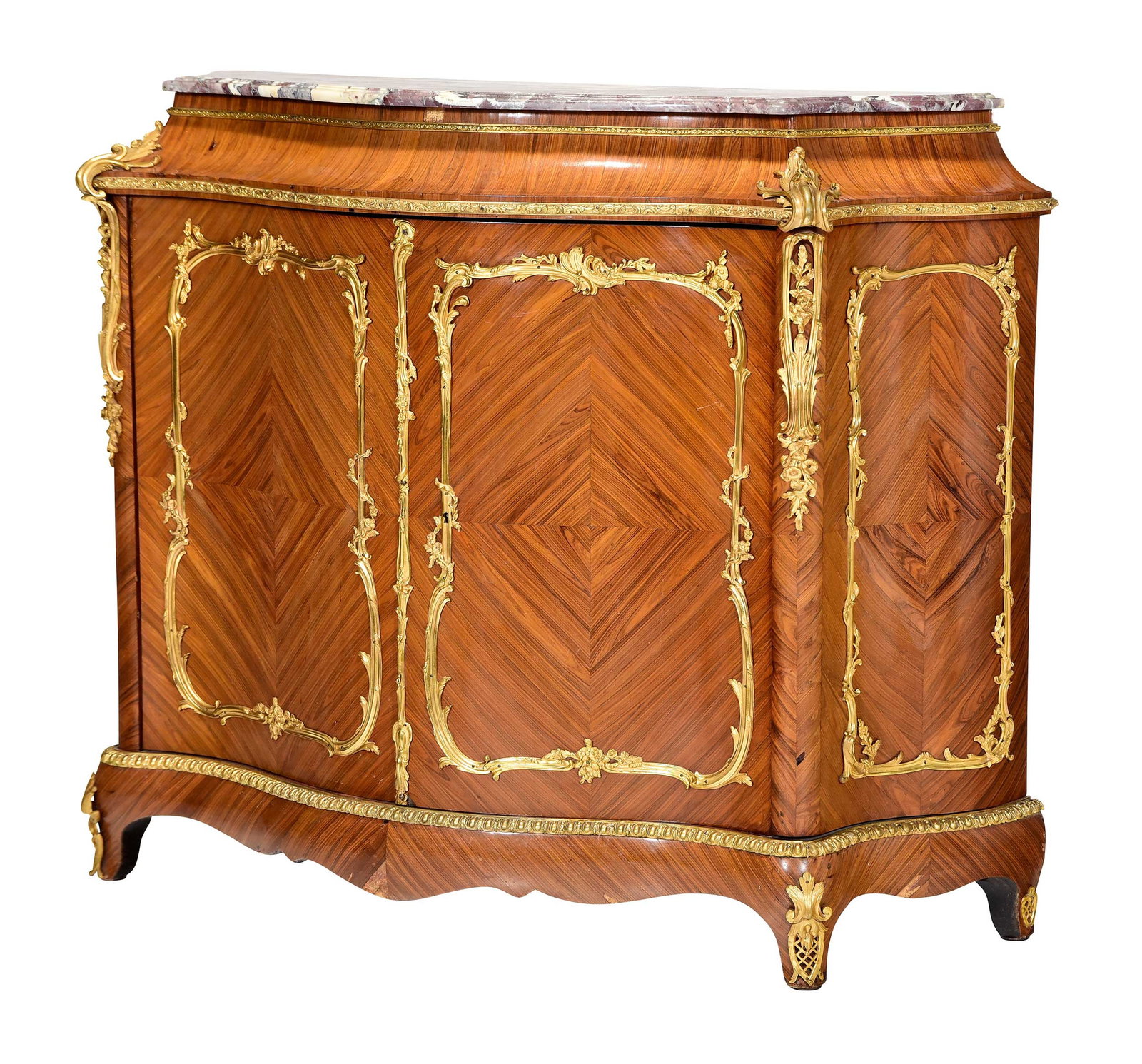 Louis XV Style Gilt Bronze Mounted Kingwood Serpentine Meuble d'Appui: late 19th/early 20th century, brecciated white marble top, possibly Breccia Violetta, bookmatched kingwood veneers, chased gilt bronze mounts, 42-3/4 x 54-3/4 x 19 in. Provenance: Private Charlotte