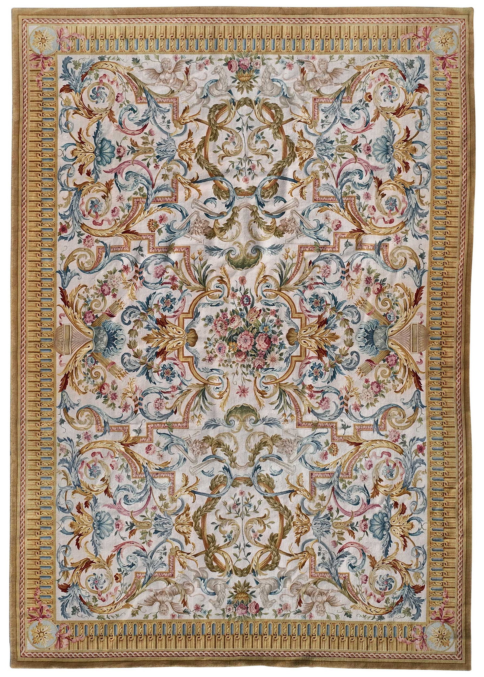 Savonnerie Style Palace Carpet: 20th century, polychrome scrolled foliate motif on cream field, architectural border, decorated with horses and gryphocentaurs, 18 ft. 1 in. x 12 ft. 7 in. Provenance: Private Charlotte Collection