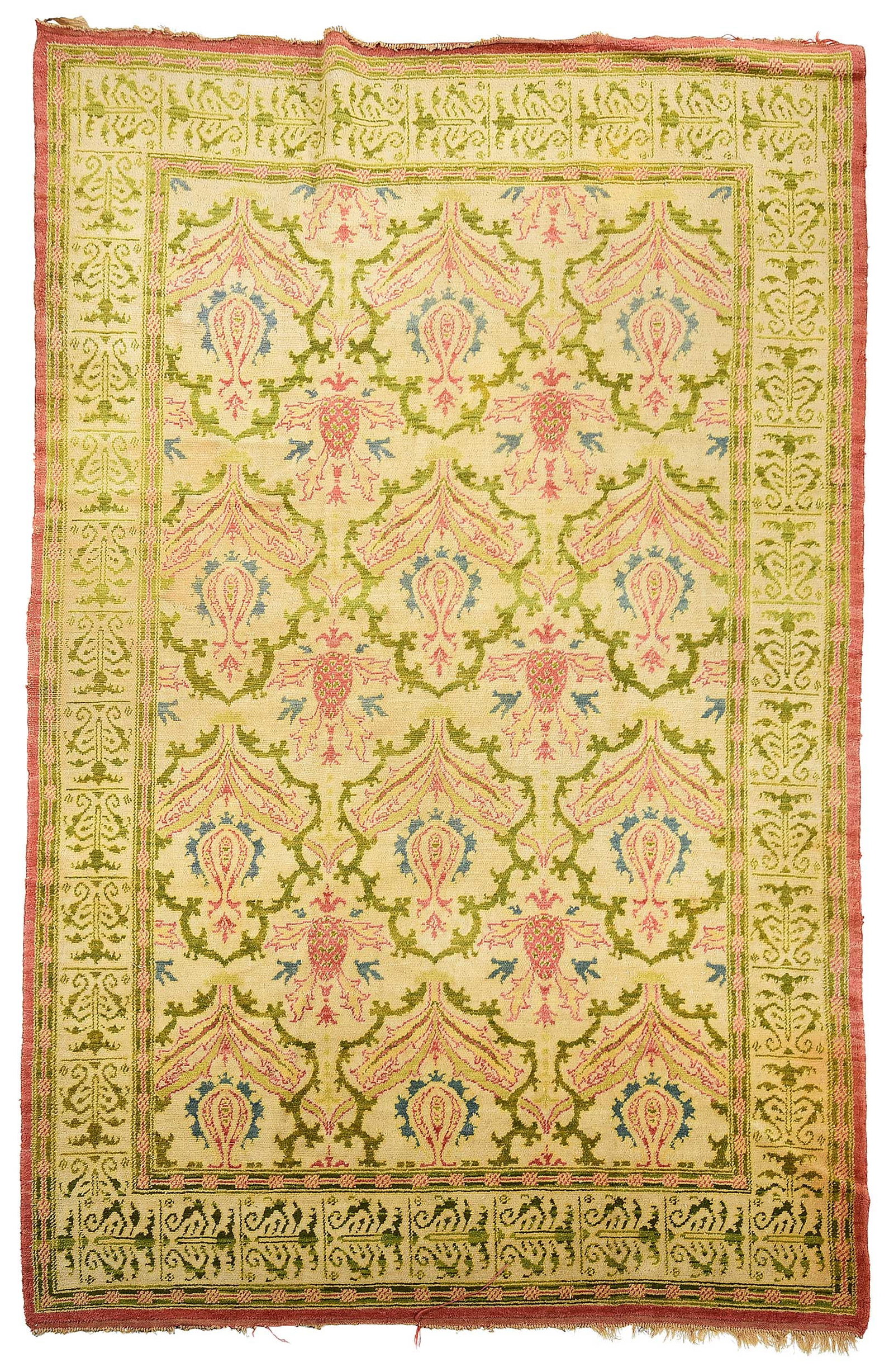 Fundacion Generalismo Franco Spanish Wool Rug: label for "Fundacion Generalismo Franco / Madrid", mid 20th century, green and red foliate motifs on cream ground, 9 ft. 7 in. x 6 ft. 5 in. Provenance: Private Charlotte Collection