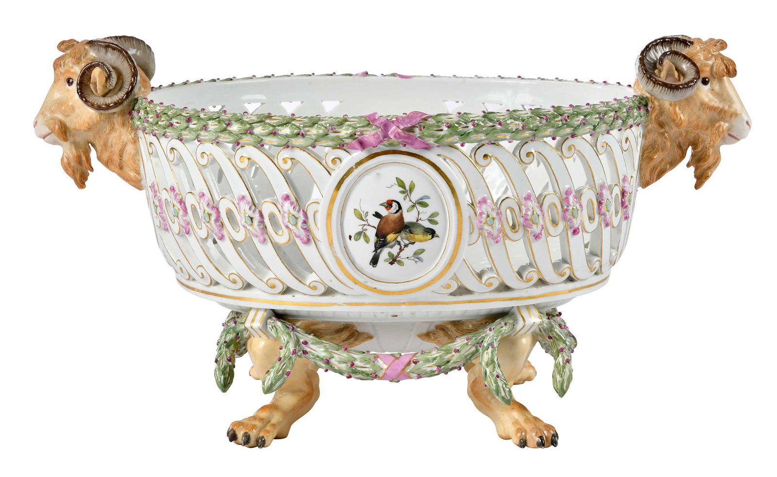 Large Meissen Porcelain Basket Centerbowl with Ram's Head Handles: late 19th/early 20th century, underglaze blue crossed swords mark to base, 7-1/2 x 13-7/8 x 9-1/4 in. Provenance: Collection of Steve Stewart, Lake Lure, North Carolina