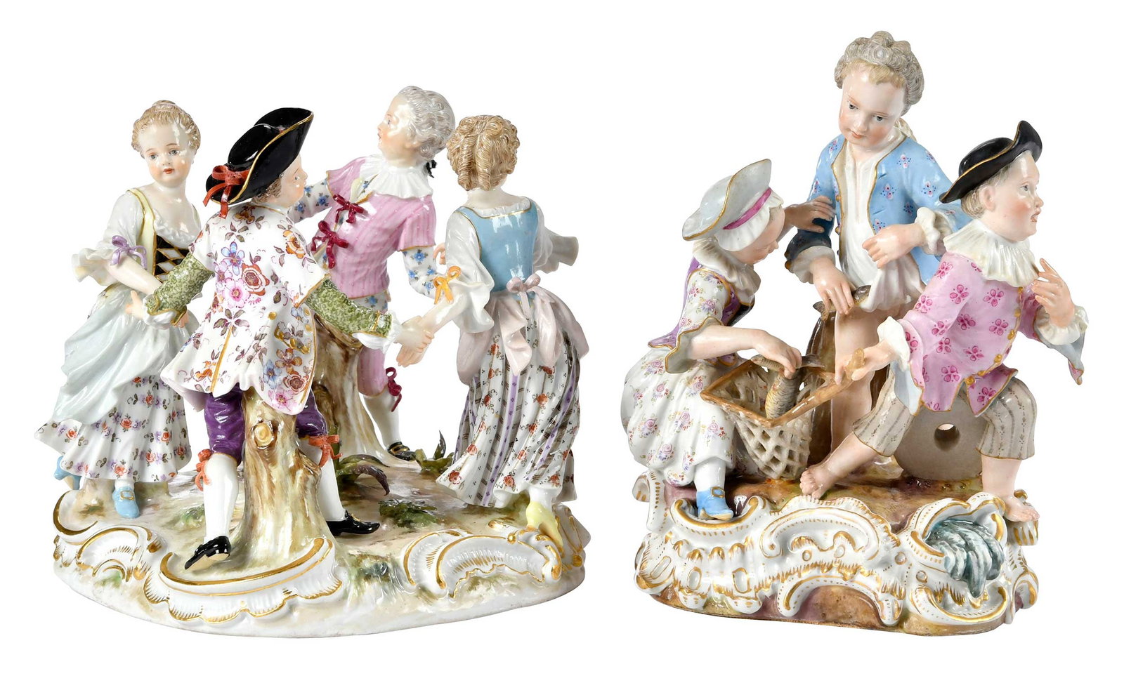 Two Meissen Porcelain Children Figural Groups: German, late 19th/early 20th century, each with crossed swords mark to base, comprising: Vier Gärtnerkinder, tanzend (ring around the rosie), model number "2728" (apparently unmarked), 6 x 6-1/2 