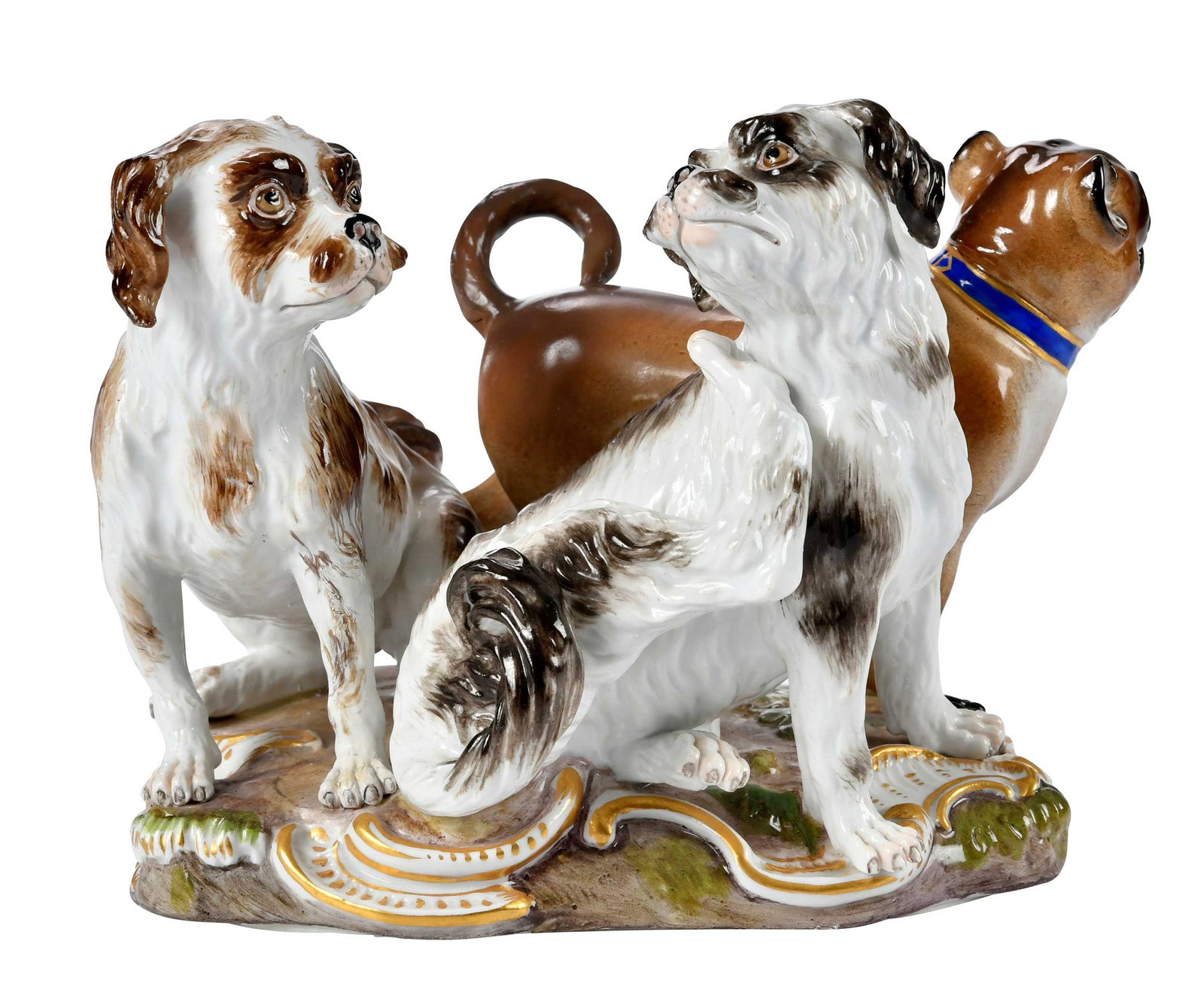 Meissen Porcelain Dog Group, Hundegruppe: German, late 19th/early 20th century, crossed swords and "2104" marked to base, three dogs in various poses, approx. 5-3/4 x 7 x 6 in. Provenance: Collection of Steve Stewart, Lake Lure, North Carolin