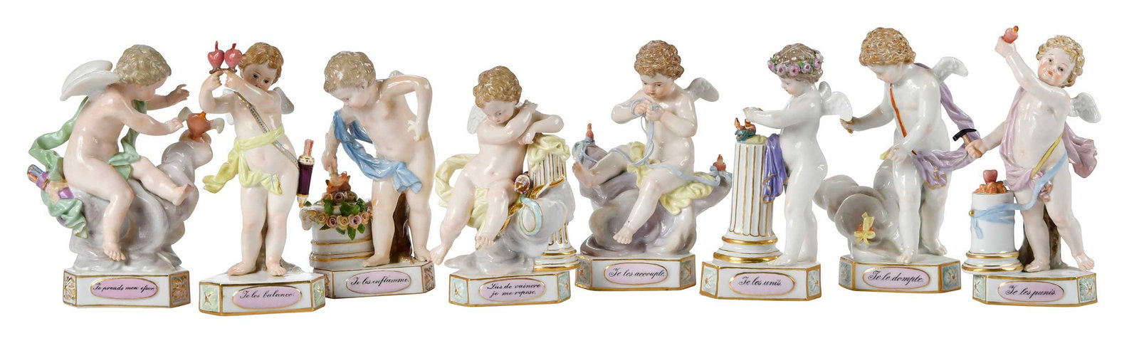 Eight Meissen Porcelain Devisenkinder Figural Scenes: German, 19th/20th century, each with crossed swords mark to base, comprising: Je les accouple, marked "F 9" to base; Je les unis, marked "F 1" to base; Je les enflamme, marked "F 4" to base; Les de va